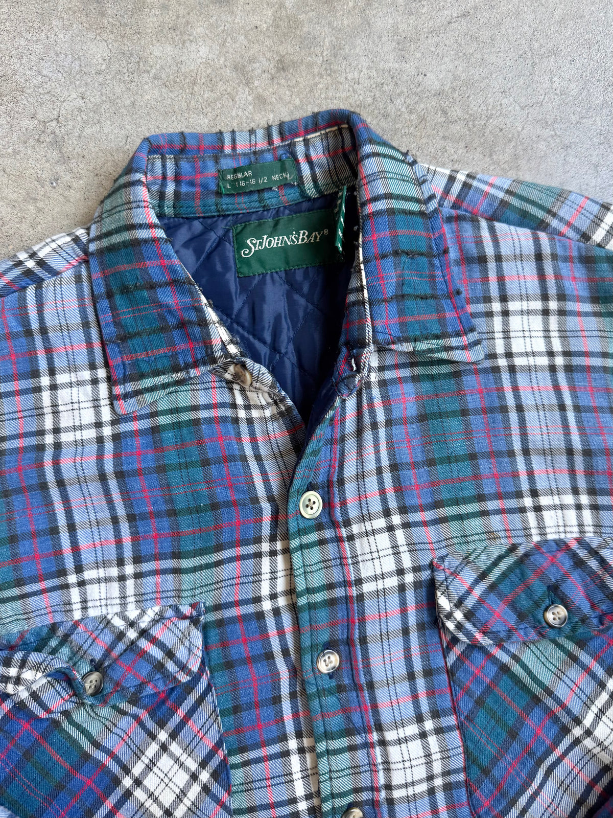 Vintage 1990s St. John’s Bay Blue Plaid Insulated Flannel Shirt Jacket | Large