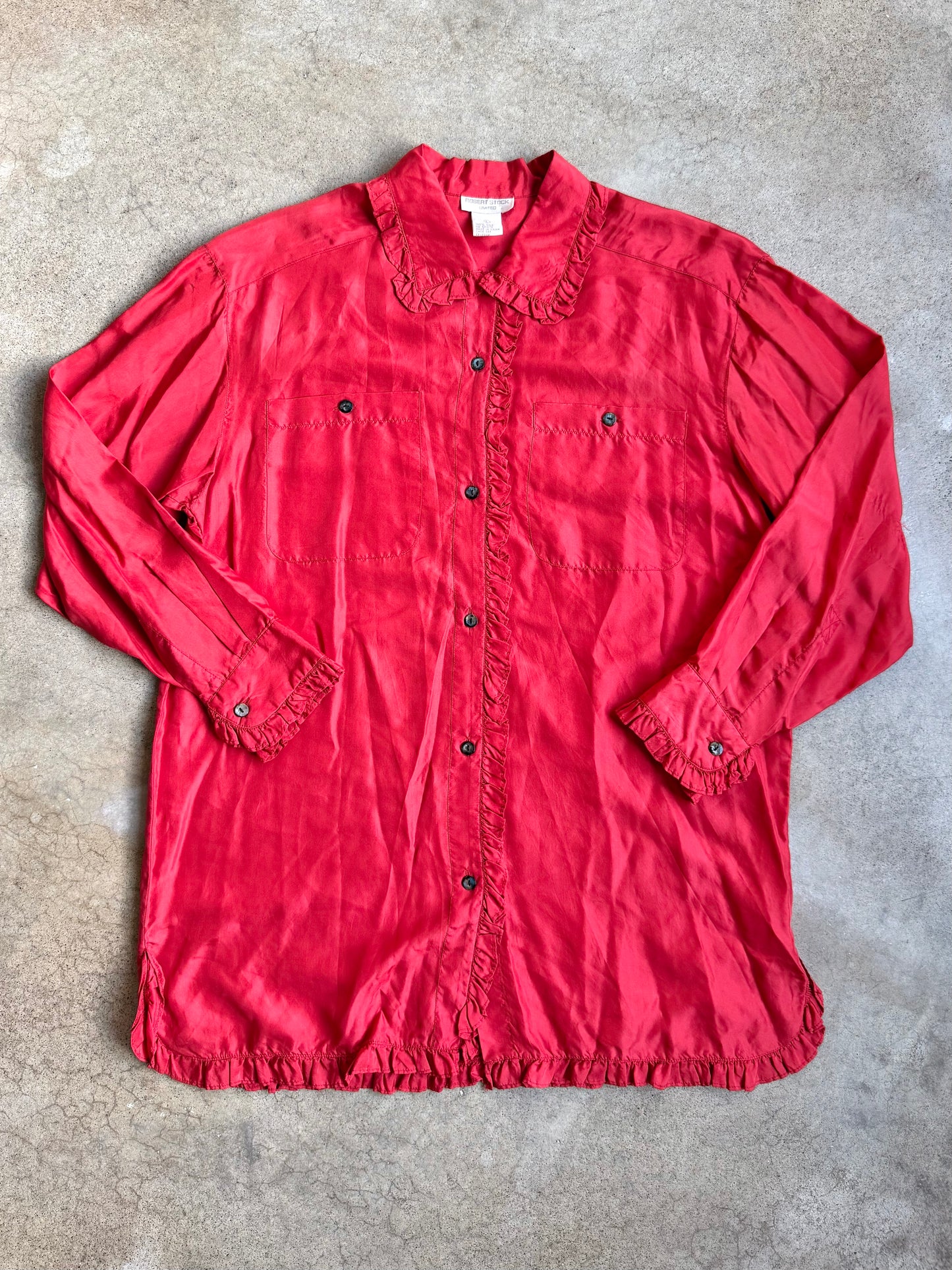 Vintage 1980s Robert Stock Limited Red Silk Frilled Trim Blouse | Large