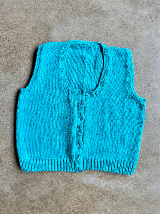 Vintage Handmade Aqua Blue Knit Sweater Vest | Large
