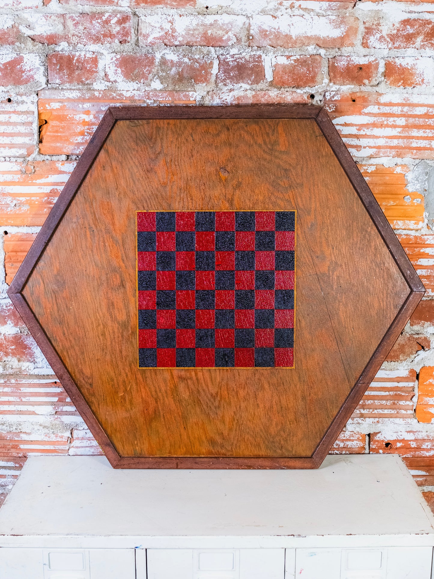 Vintage Large Wooden Hexagonal Two-Sided Checkers Game Board