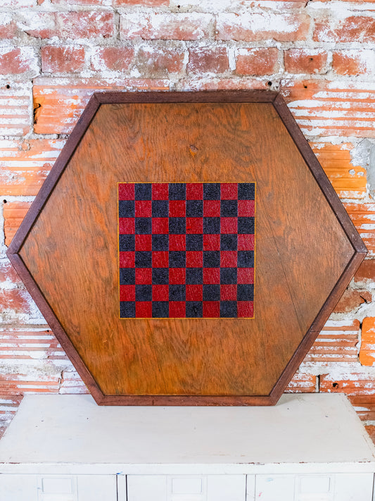 Vintage Large Wooden Hexagonal Two-Sided Checkers Game Board