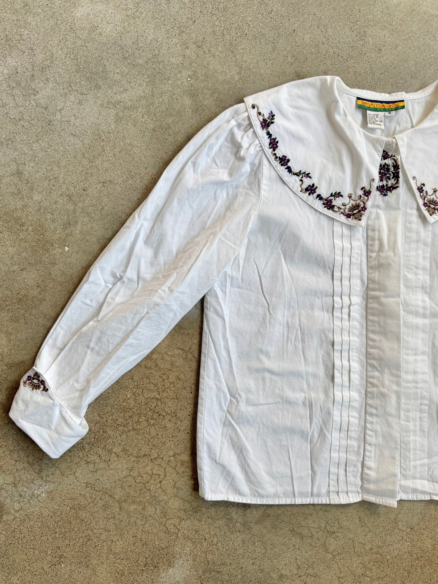 Vintage 1990s Bryn Connelly White Floral Embroidered Cotton Blouse | Medium