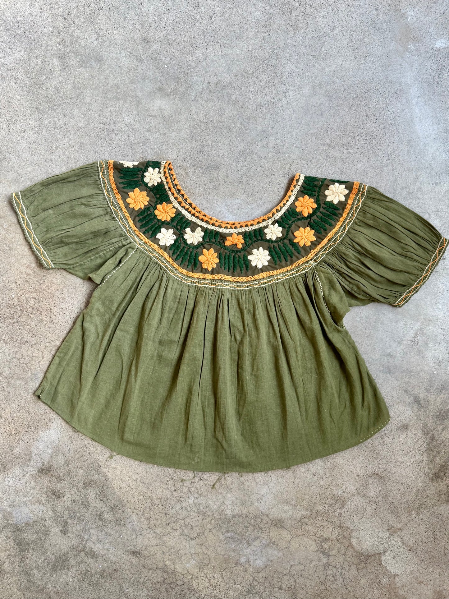 Vintage 1970s Green & Orange Floral Embroidered Peasant Blouse | S/M