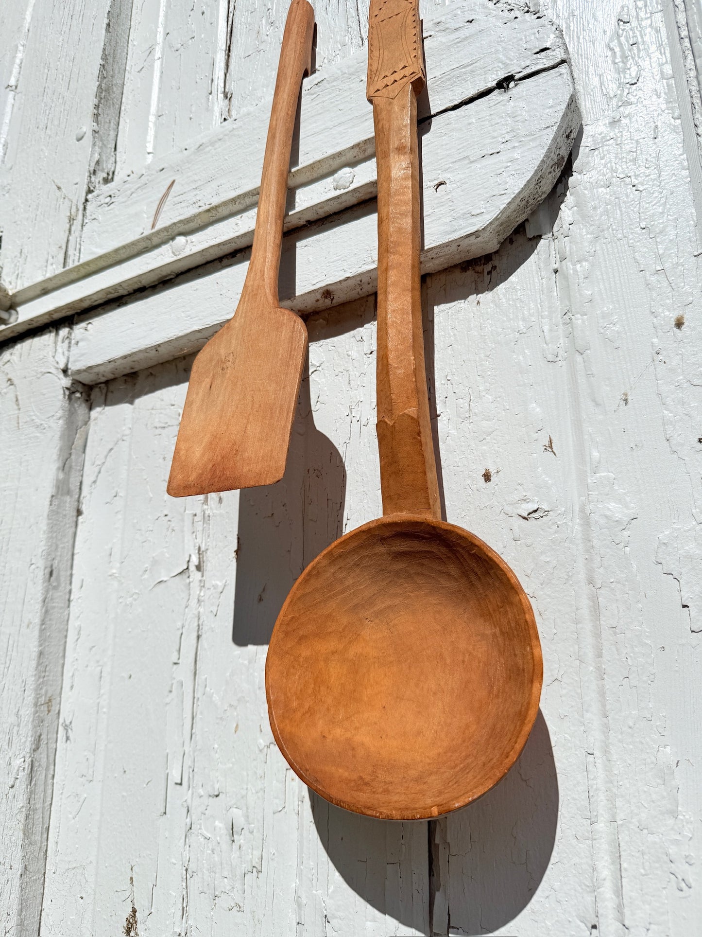 Antique Wood-Carved Folk Art Ladle & Spatula Set