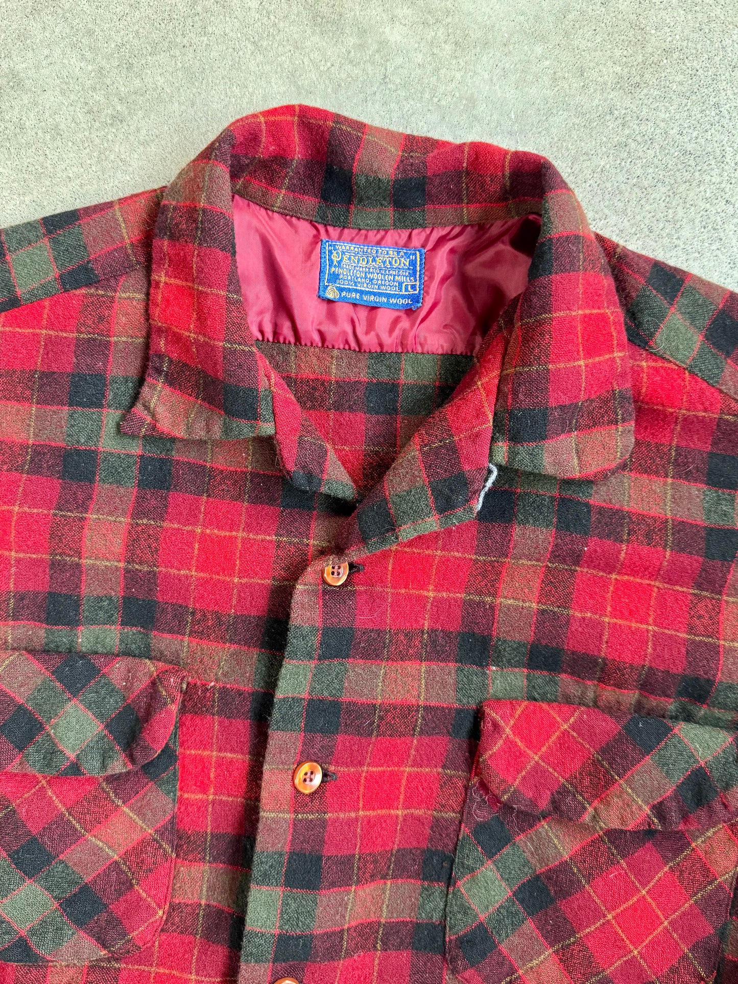 Vintage 1960s Pendleton Red & Green Plaid Wool Flannel Shirt | Large