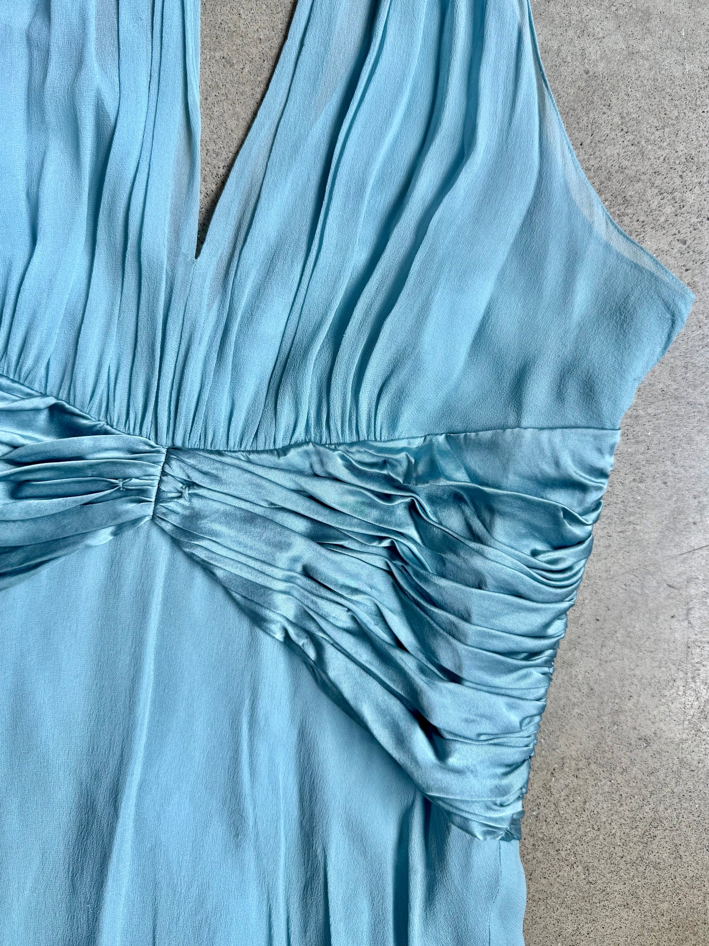 Vintage 1990s Maggy London Baby Blue Silk Halter Dress | Large