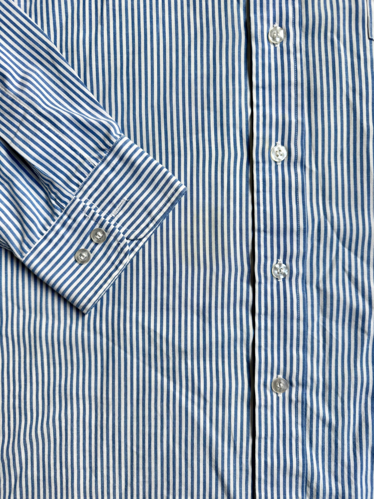 Vintage 1970s Blue & White Striped Dog Patch Button-Up Shirt | Large