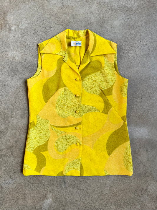 Vintage 1960s Andrade of Hawaii Yellow Printed Sleeveless Blouse | Large