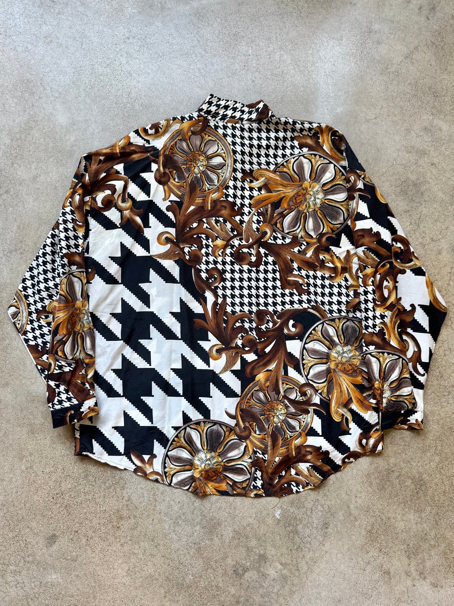 Vintage 1980s/90s Express Baroque Houndstooth Printed Silk Blouse | Medium