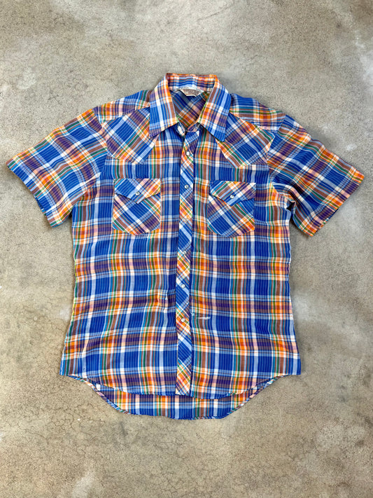 Vintage 1970s Sears Blue & Orange Plaid Western Pearl Snap Short Sleeve Shirt | Medium