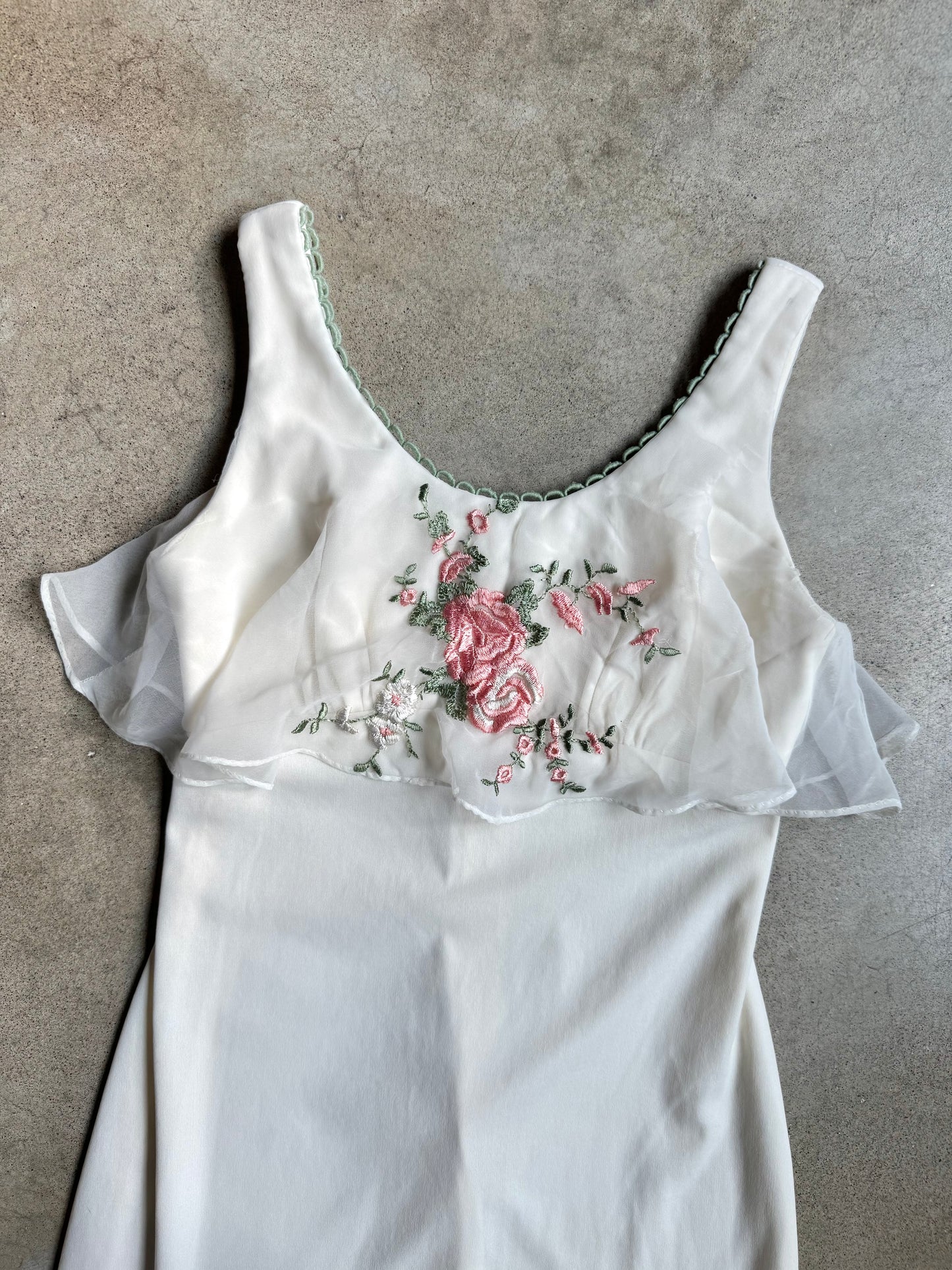 Vintage 1970s Handmade Cream Floral Embroidered Maxi Dress | Small