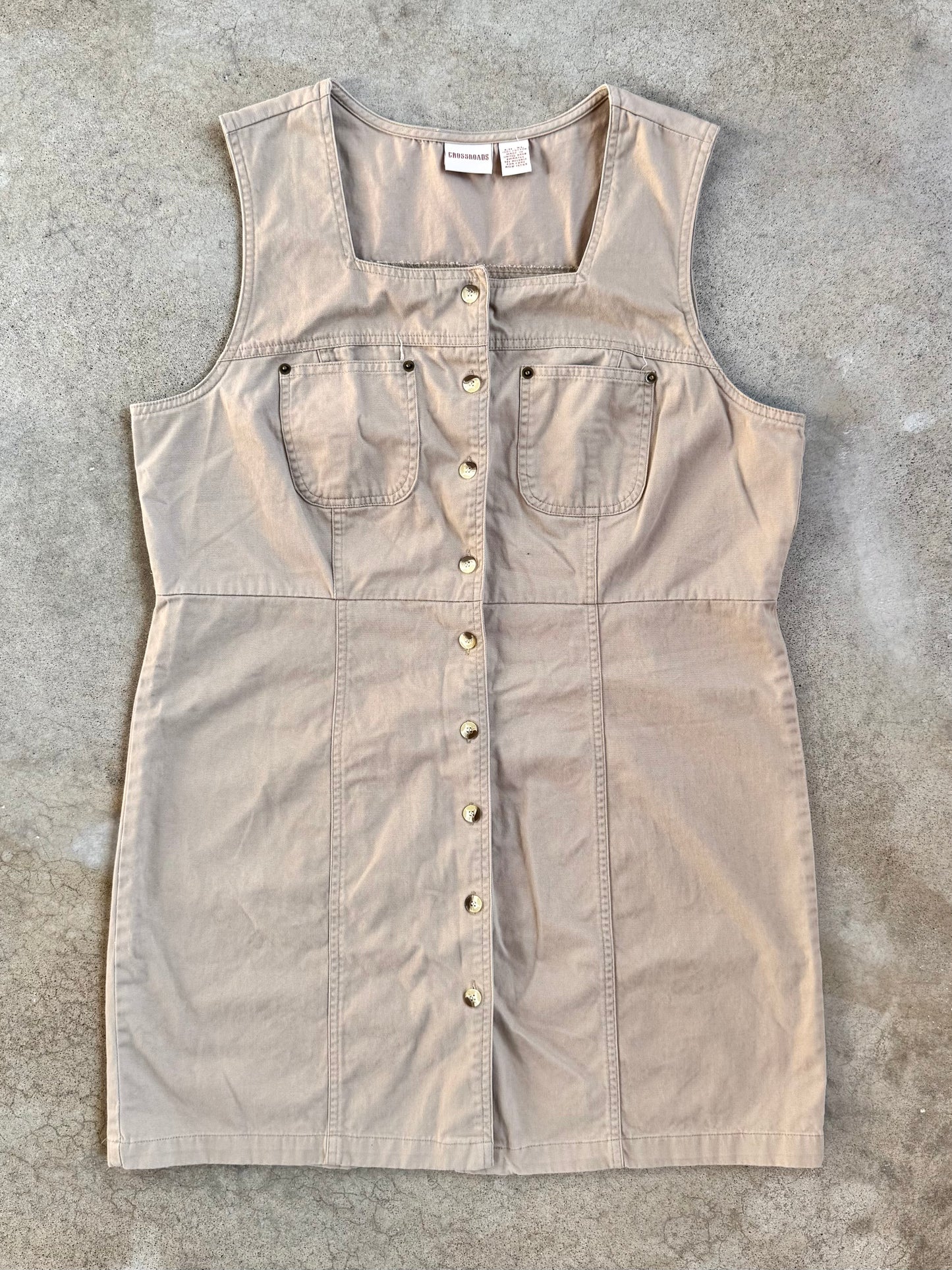 Vintage 1990s Crossroads Khaki Cotton Sleeveless Button-Front Dress | XL