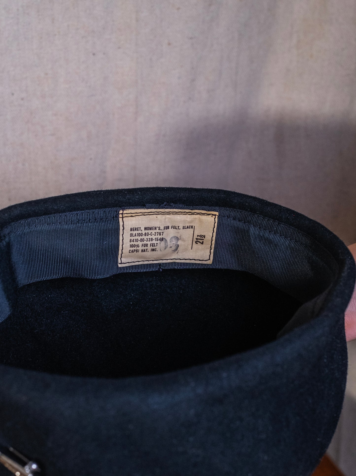 Vintage 1970s Navy Issue Black Fur Felt Beret w/ Bow Brooch
