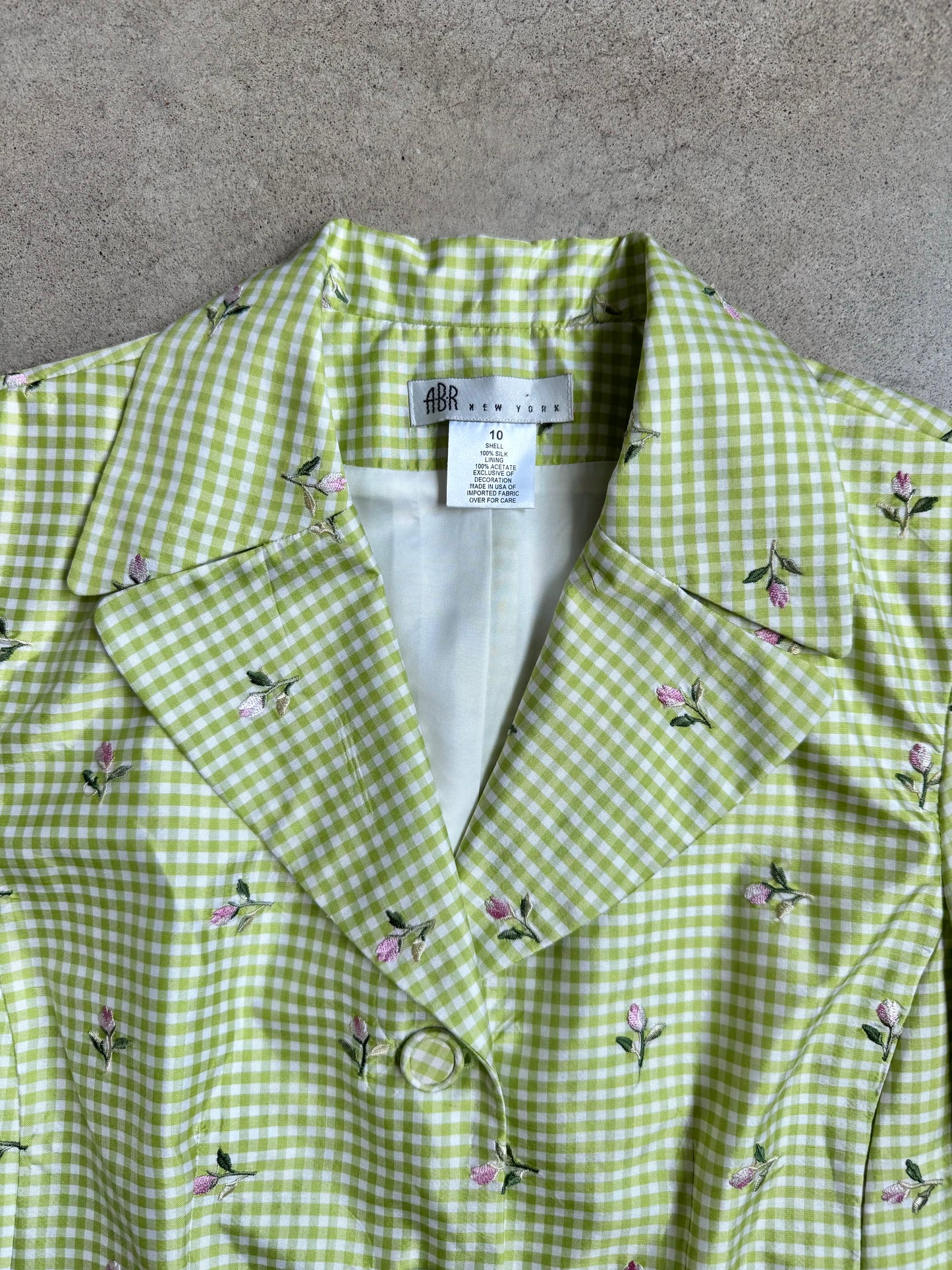 Vintage 1990s ABR New York Green Gingham Floral Embroidered Silk Skirt Suit | M/L