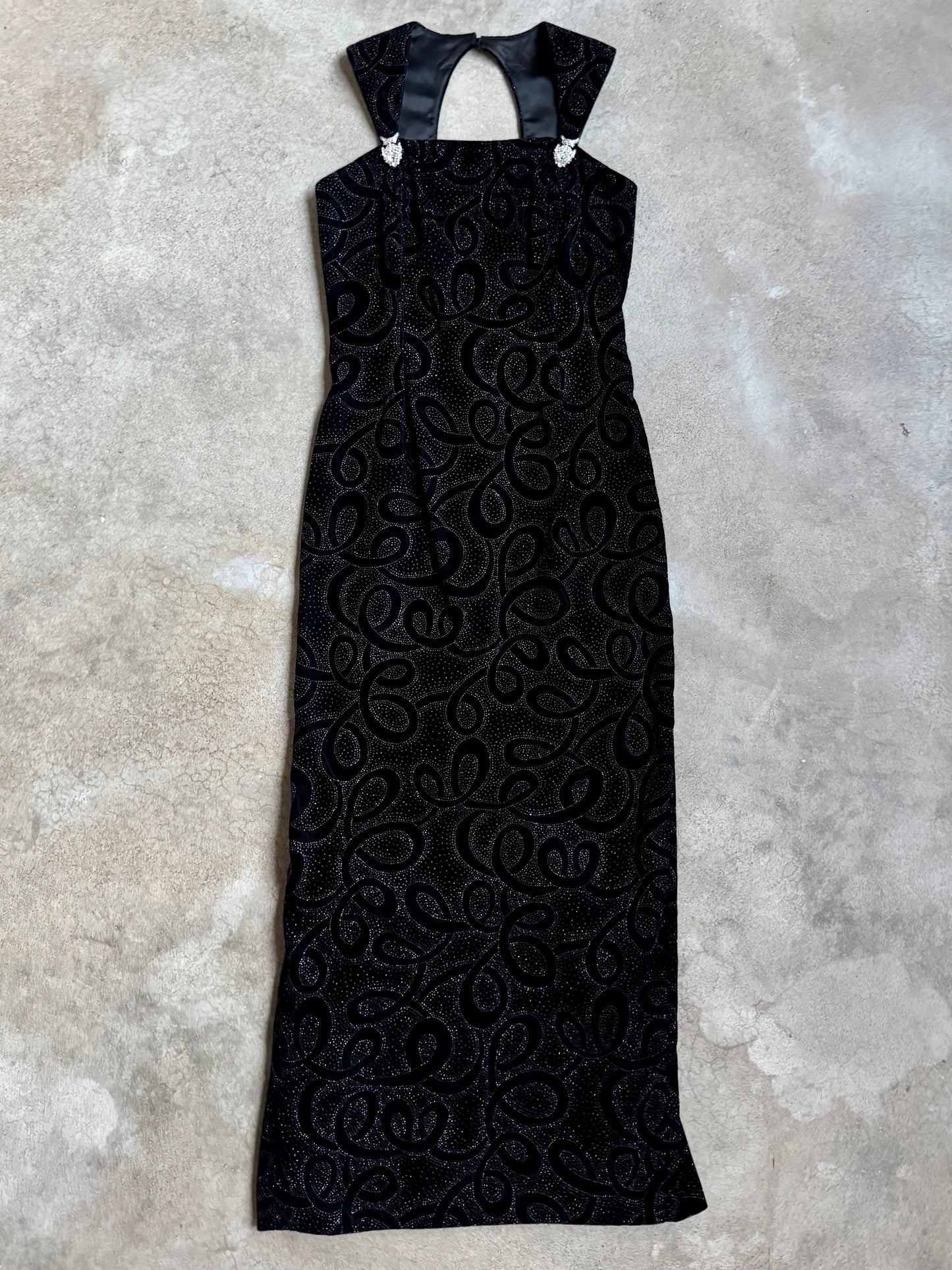 Vintage 1990s Scott McClintock Black Sparkly Velvet Formal Dress | 10
