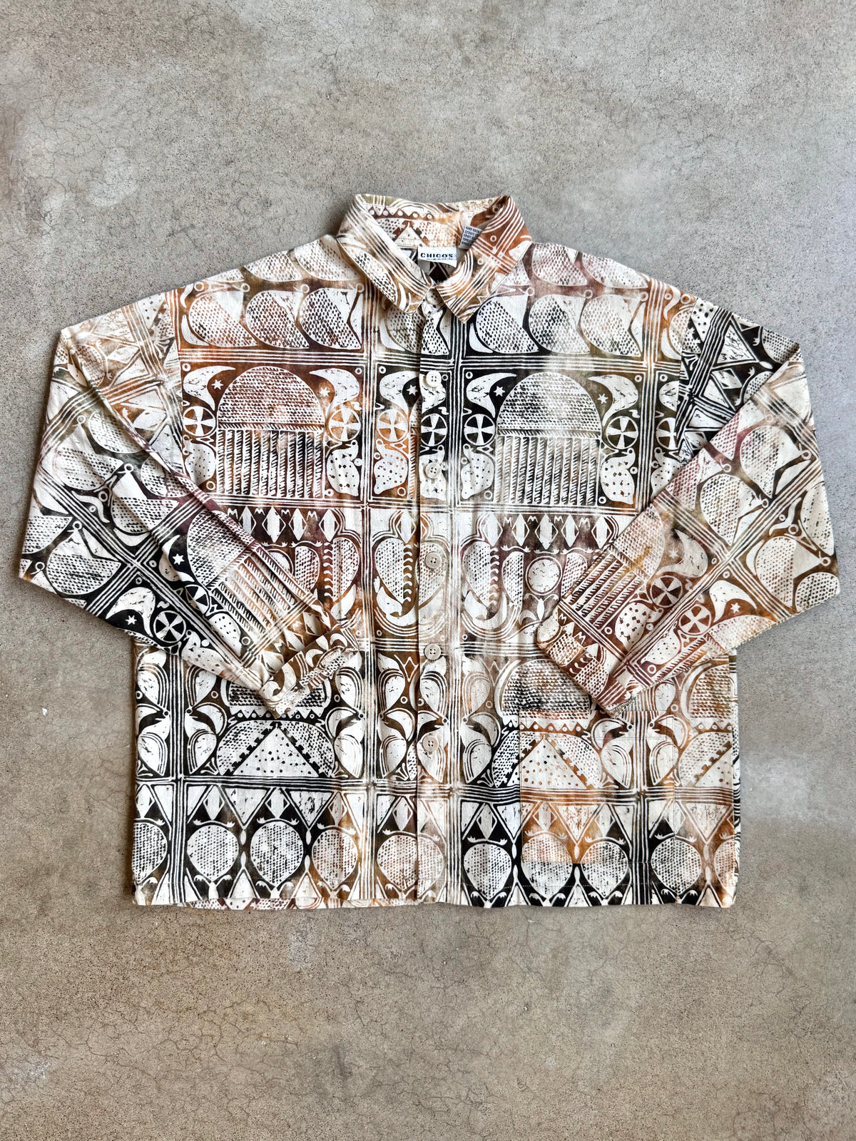 Vintage 1990s Chicos Design Tribal Block Print Cotton Shirt Jacket | Medium