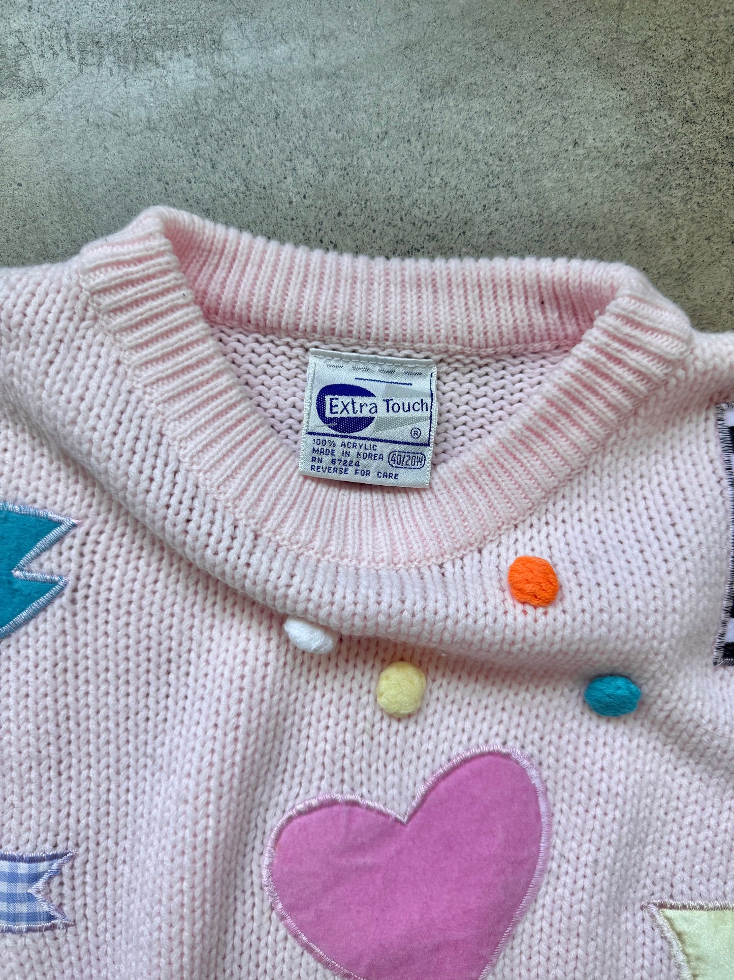 Vintage 1980s Extra Touch Pink Multi Embroidered Patch Sweater | XL