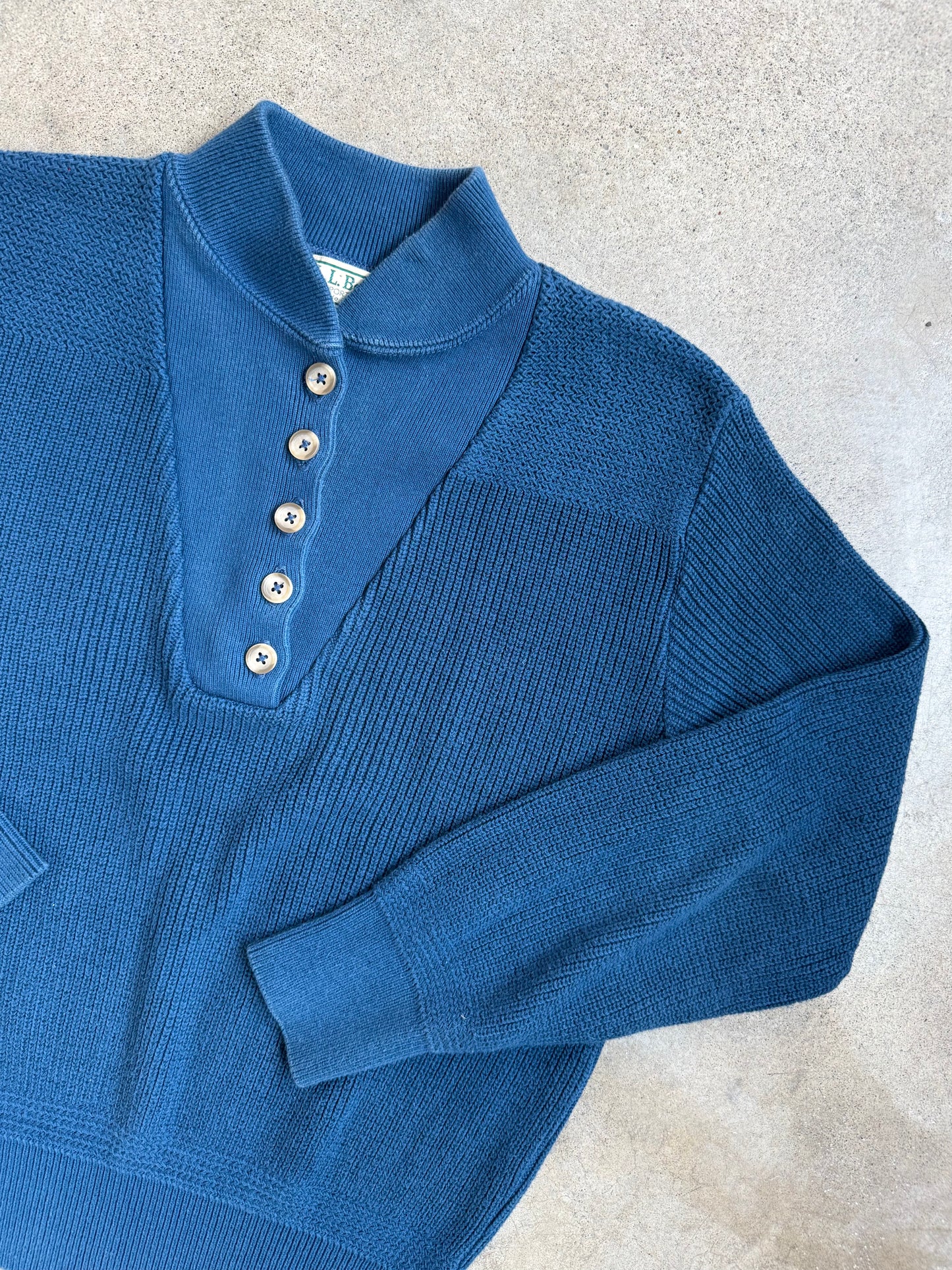 Vintage 1990s L.L Bean Blue Cotton Henley Fisherman Sweater | Small