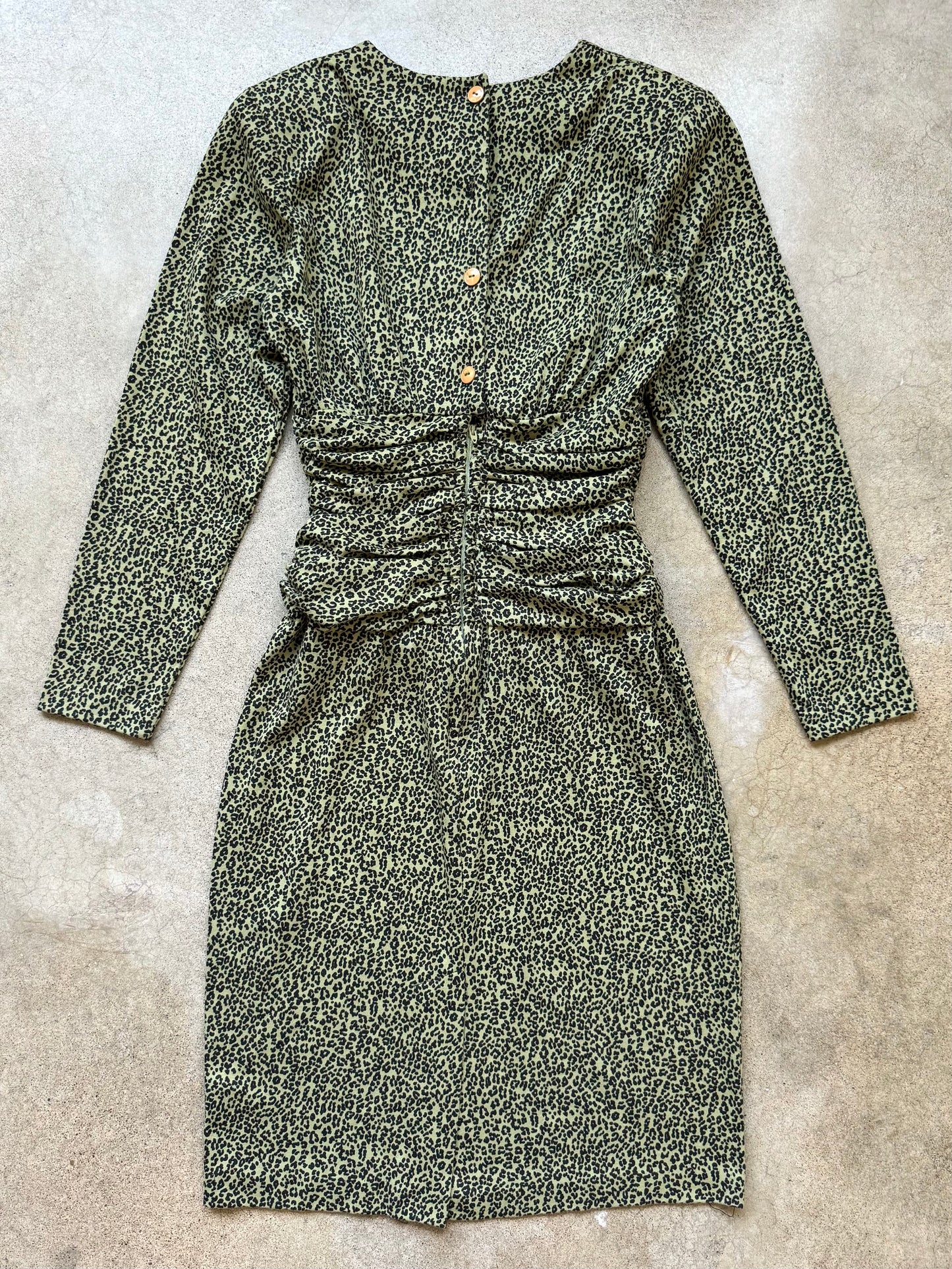 Vintage 1980s Green Leopard Print Long Sleeve Fitted Dress | Small