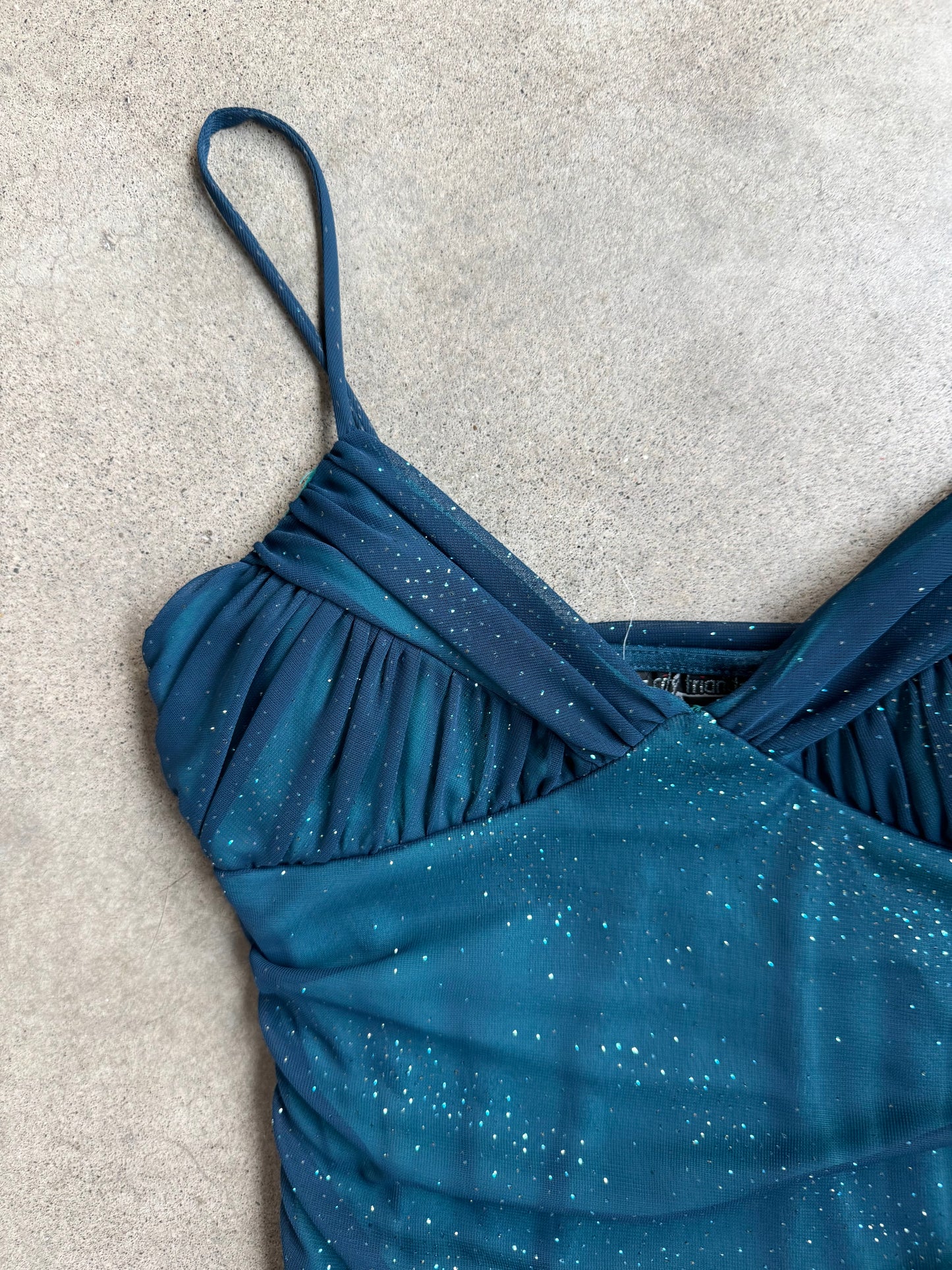 2000s City Triangles Sparkly Teal Ruched Mini Party Dress | S/M