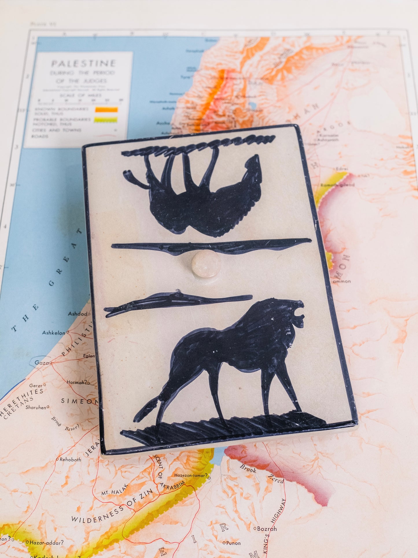 Vintage Hand-Painted "Lion & Prey" Stone Card Holder Box