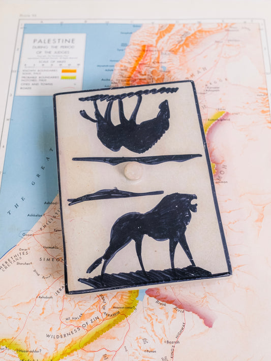 Vintage Hand-Painted "Lion & Prey" Stone Card Holder Box