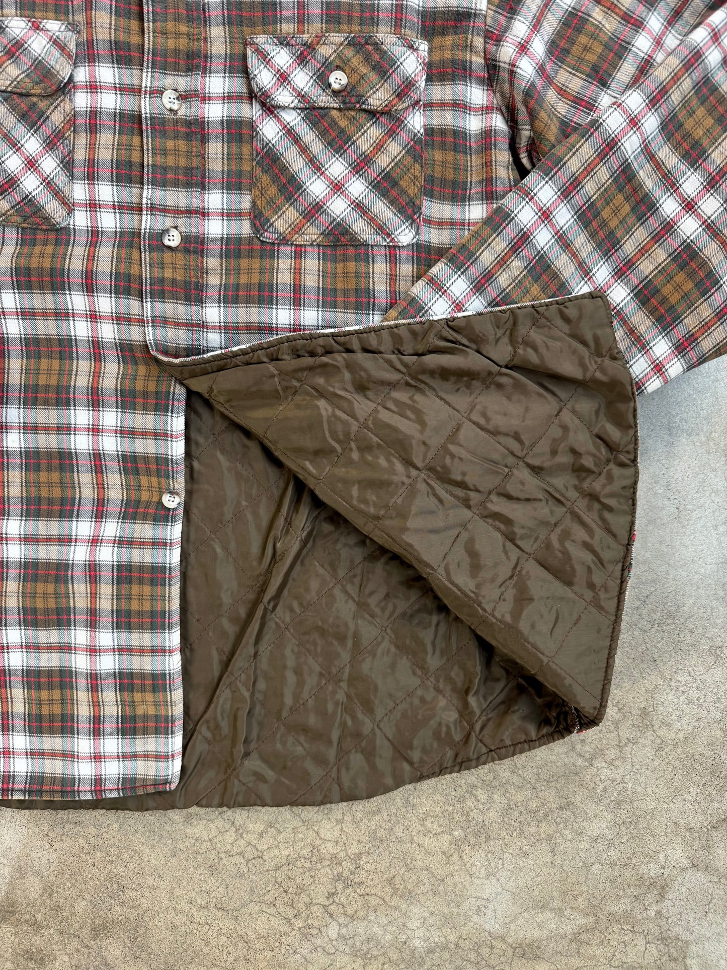 Vintage 1990s St. John’s Bay Brown & Red Plaid Quilt-Lined Cotton Shirt Jacket | XL