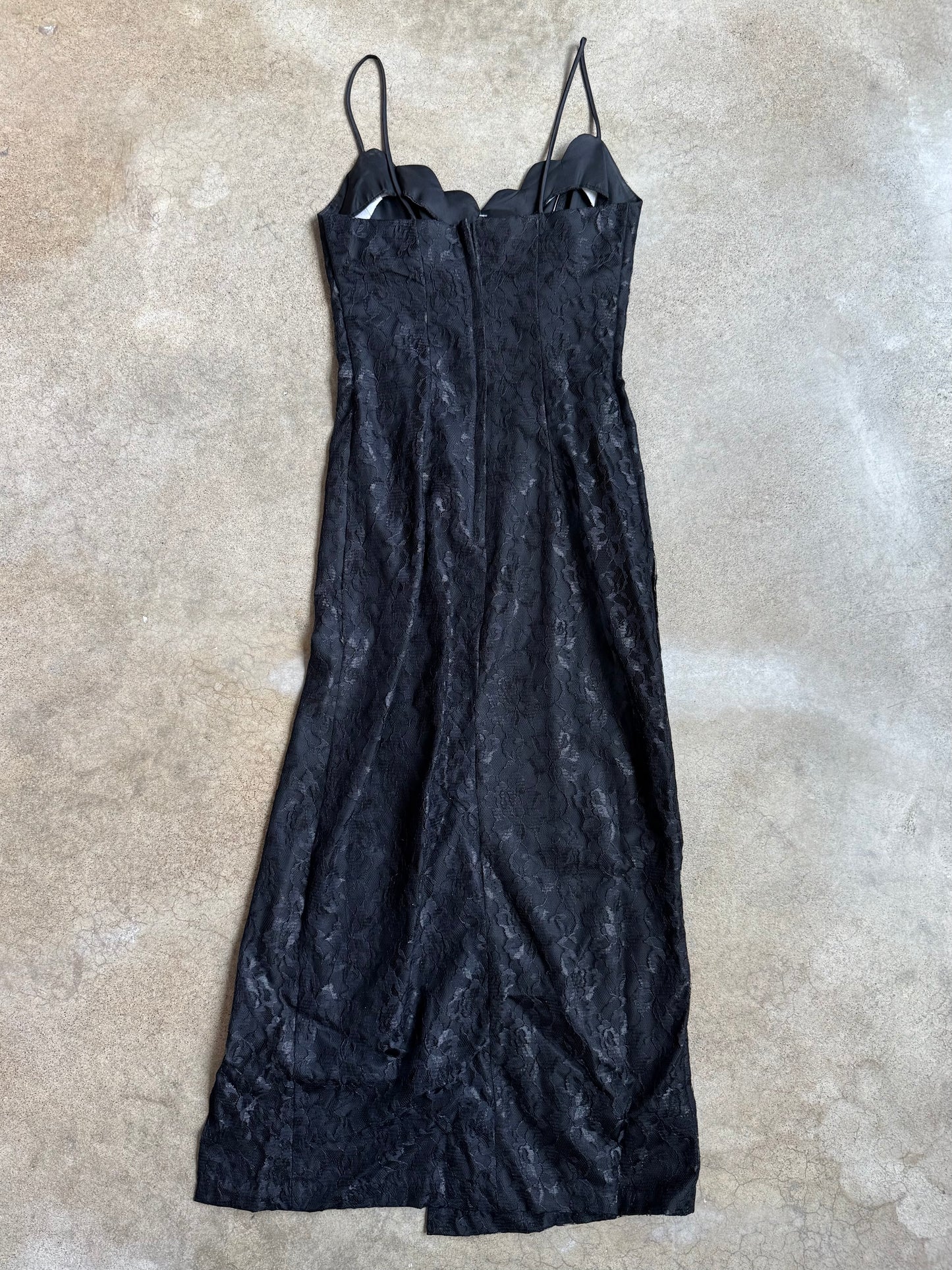 Vintage 1980s L.A. Glo Black Lace High-Slit Formal Dress | XS