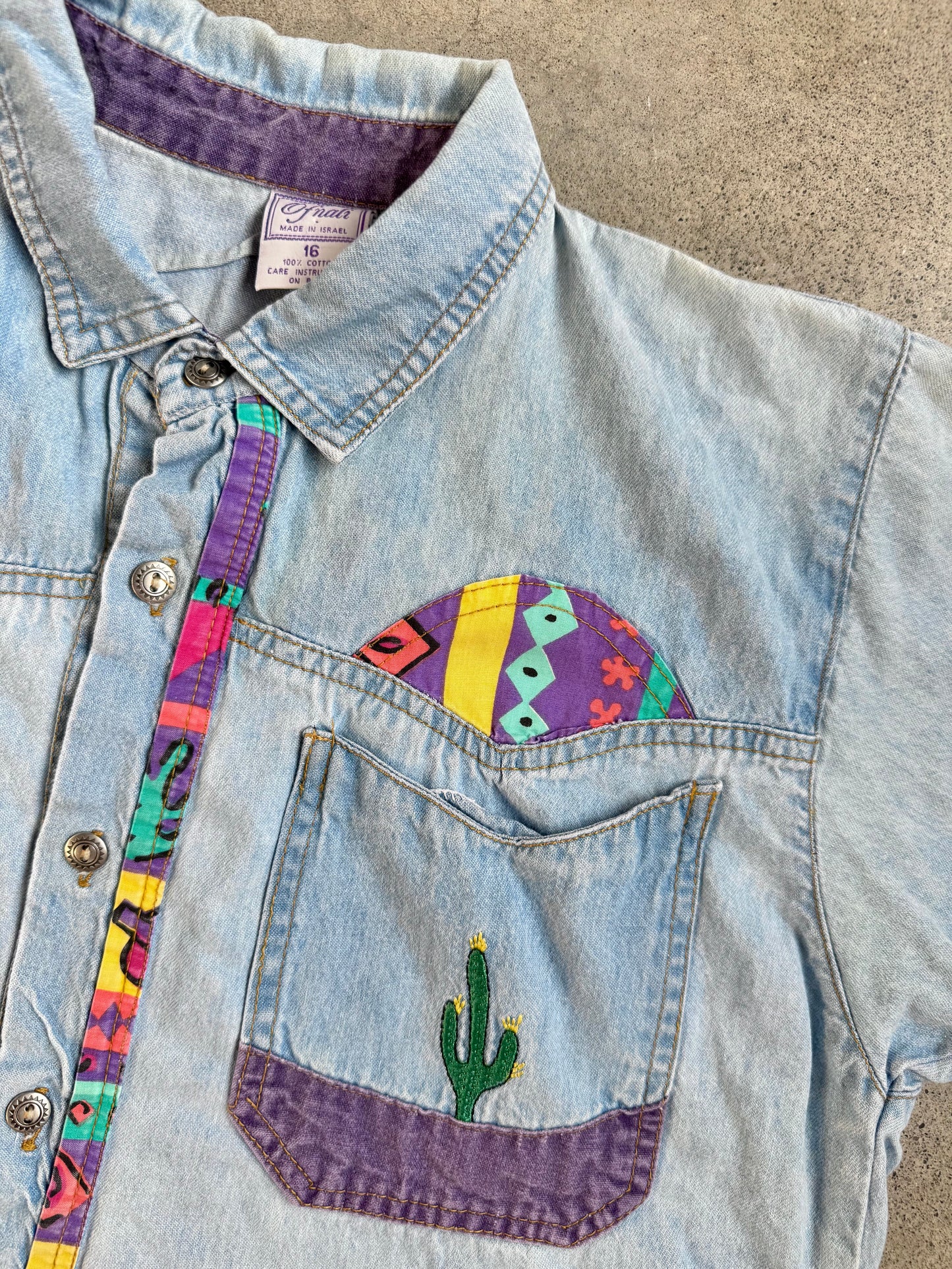 Vintage 1980s/90s Southwestern Cactus Embroidered Denim Shirt | Medium