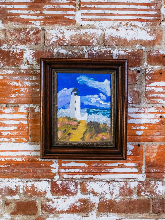 Vintage Framed Lighthouse Landscape Acrylic Painting | Signed