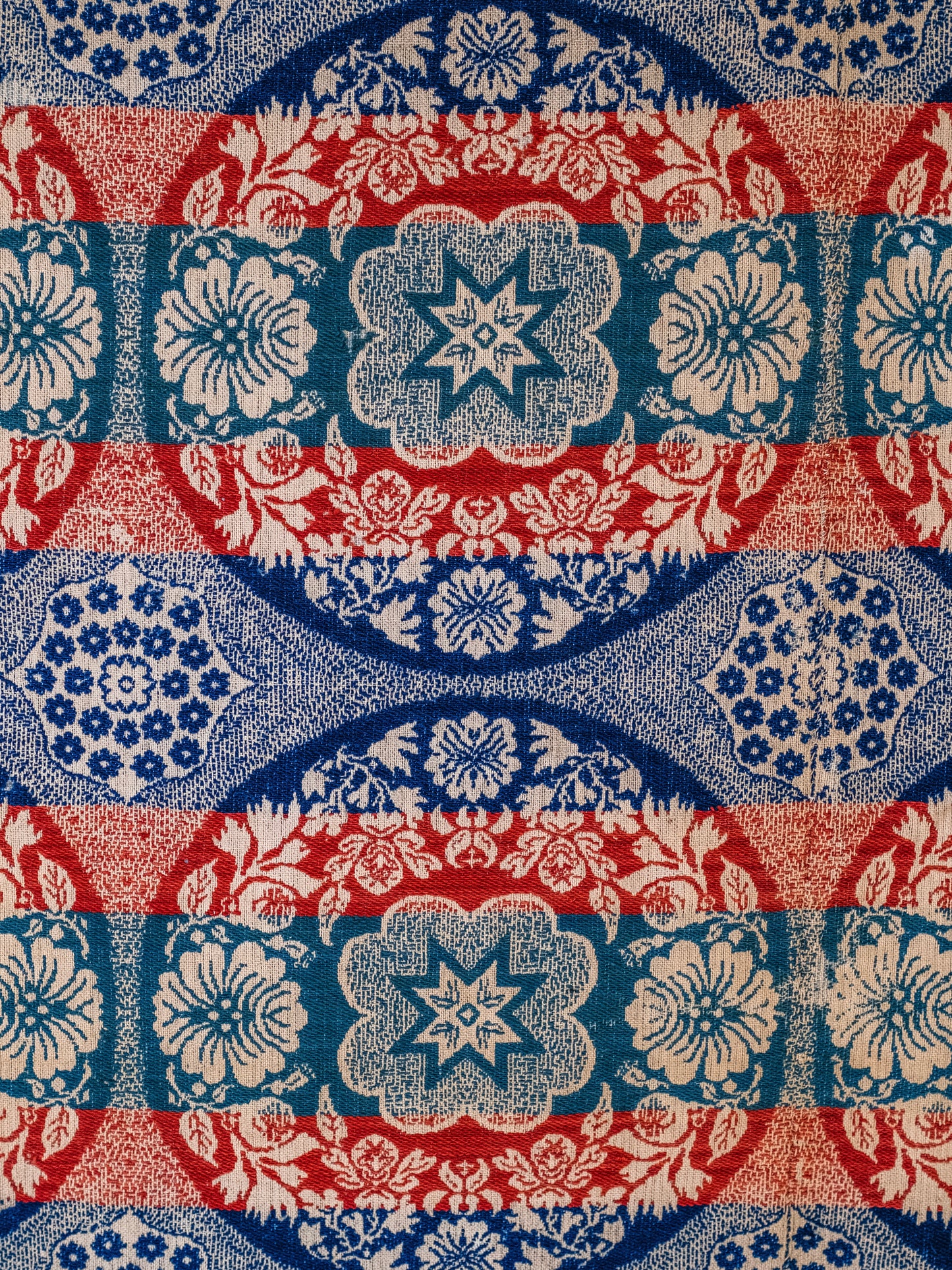 Antique 1850's Jacquard Woven Floral Medallion Fringe Trim Coverlet Blanket