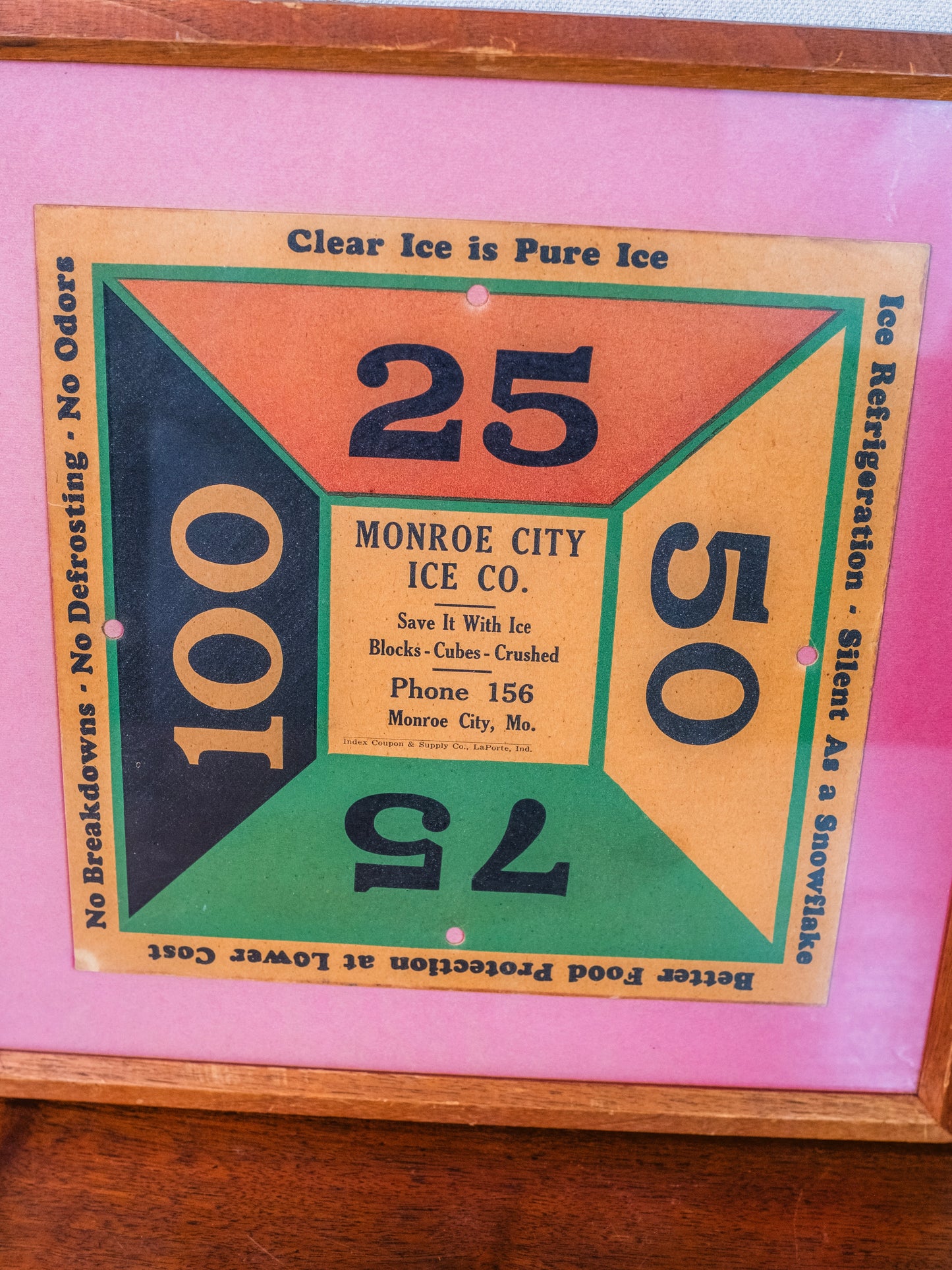 Vintage 1930s Framed Monroe City Ice Co. Delivery Window Sign