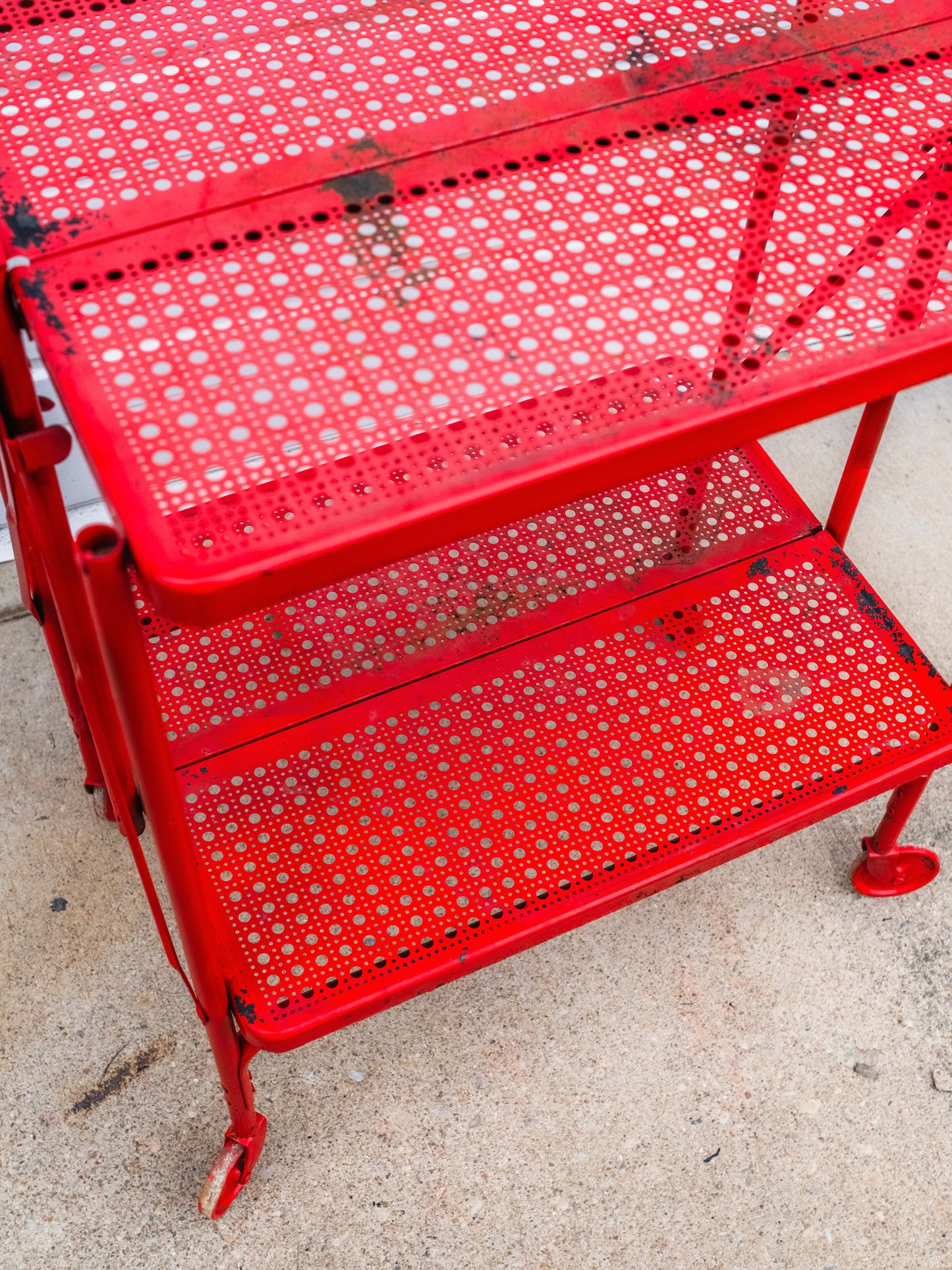 Vintage 1950s Red Distressed Metal Foldable Rolling Bar Cart