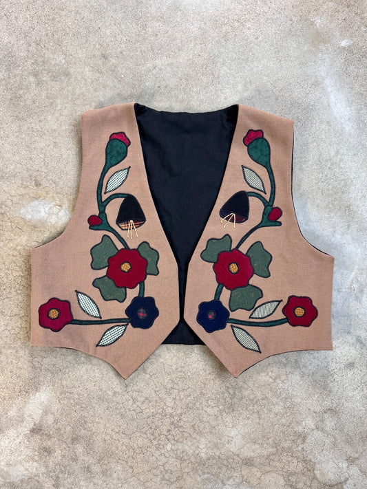 Vintage 1980s Handmade Brown Floral Patched Vest | XL