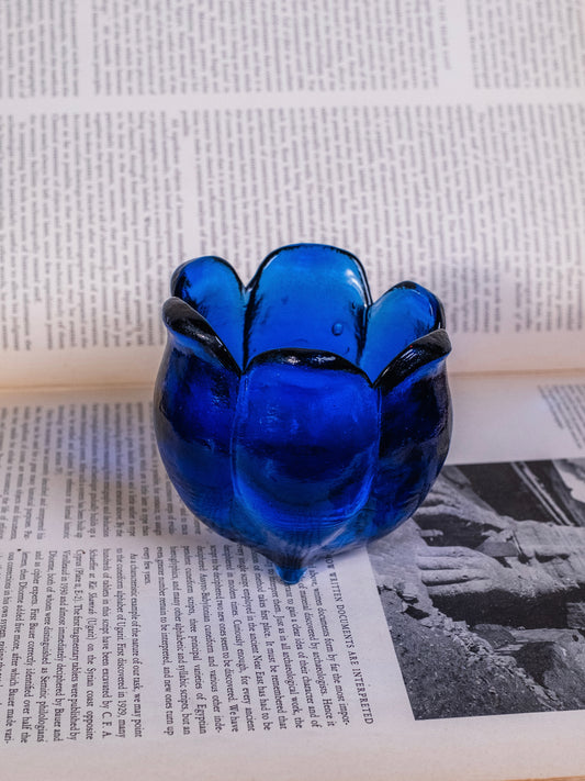 Vintage 1970s Cobalt Blue Glass Tulip Tea Light Holder