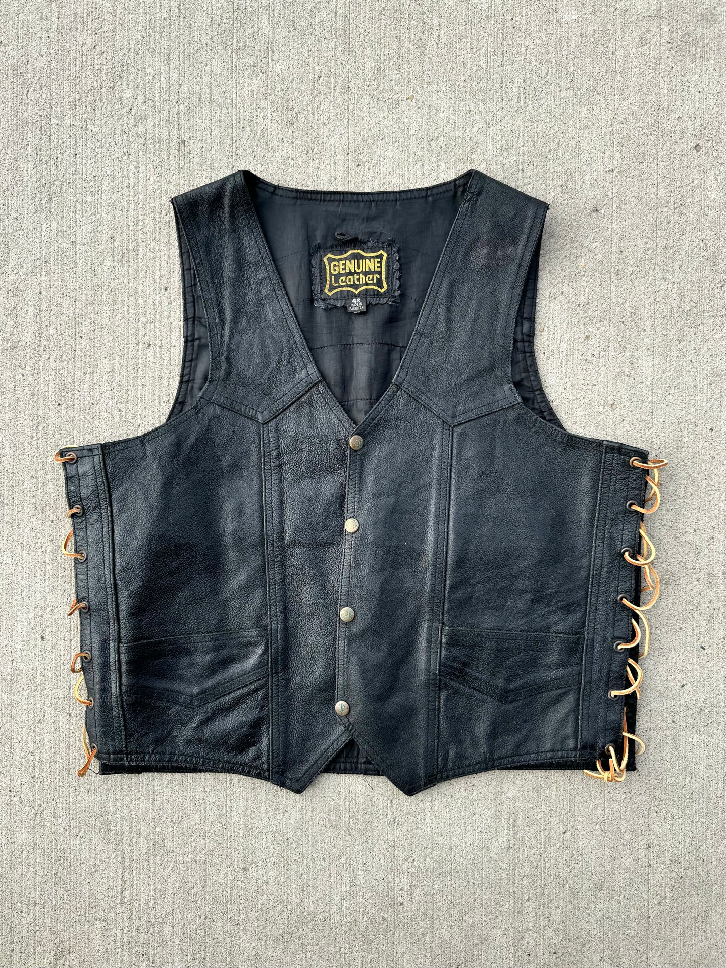 Vintage Lace-Up Western Black Leather Vest | Large