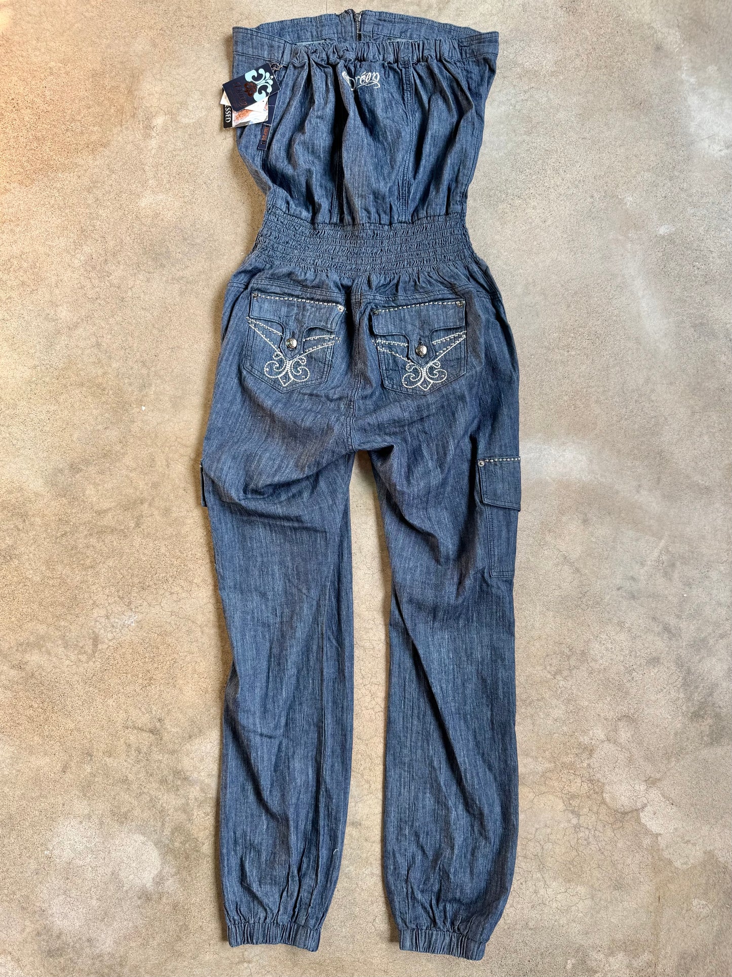 2000s Deréon Zip-Front Strapless Utility-Style Denim Jumpsuit | 1X