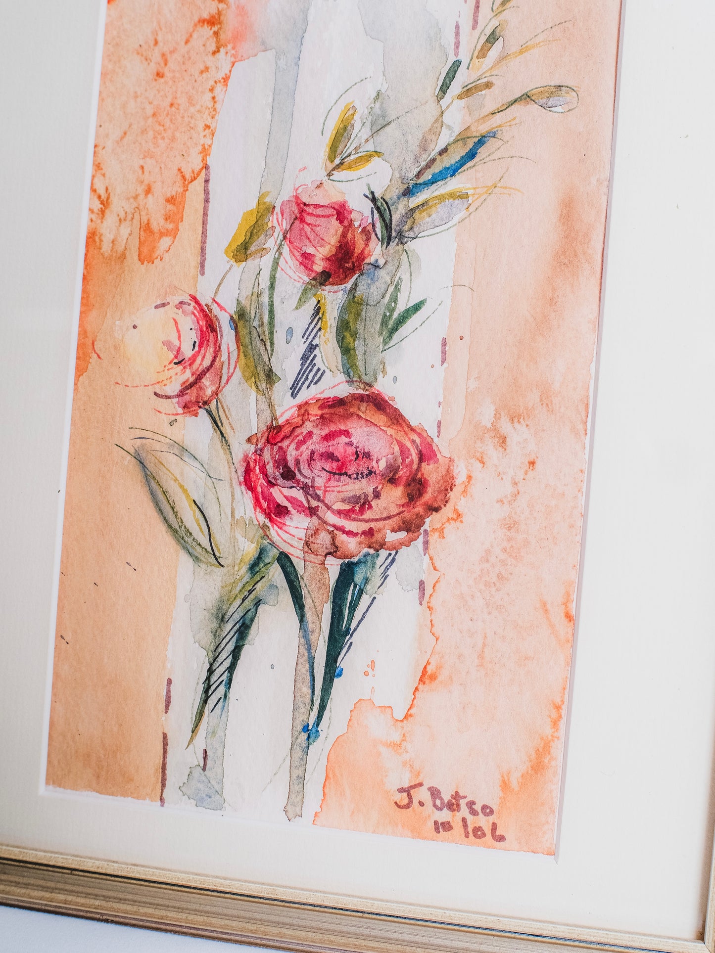 Vintage 1980s Framed & Signed Floral Watercolor Artwork