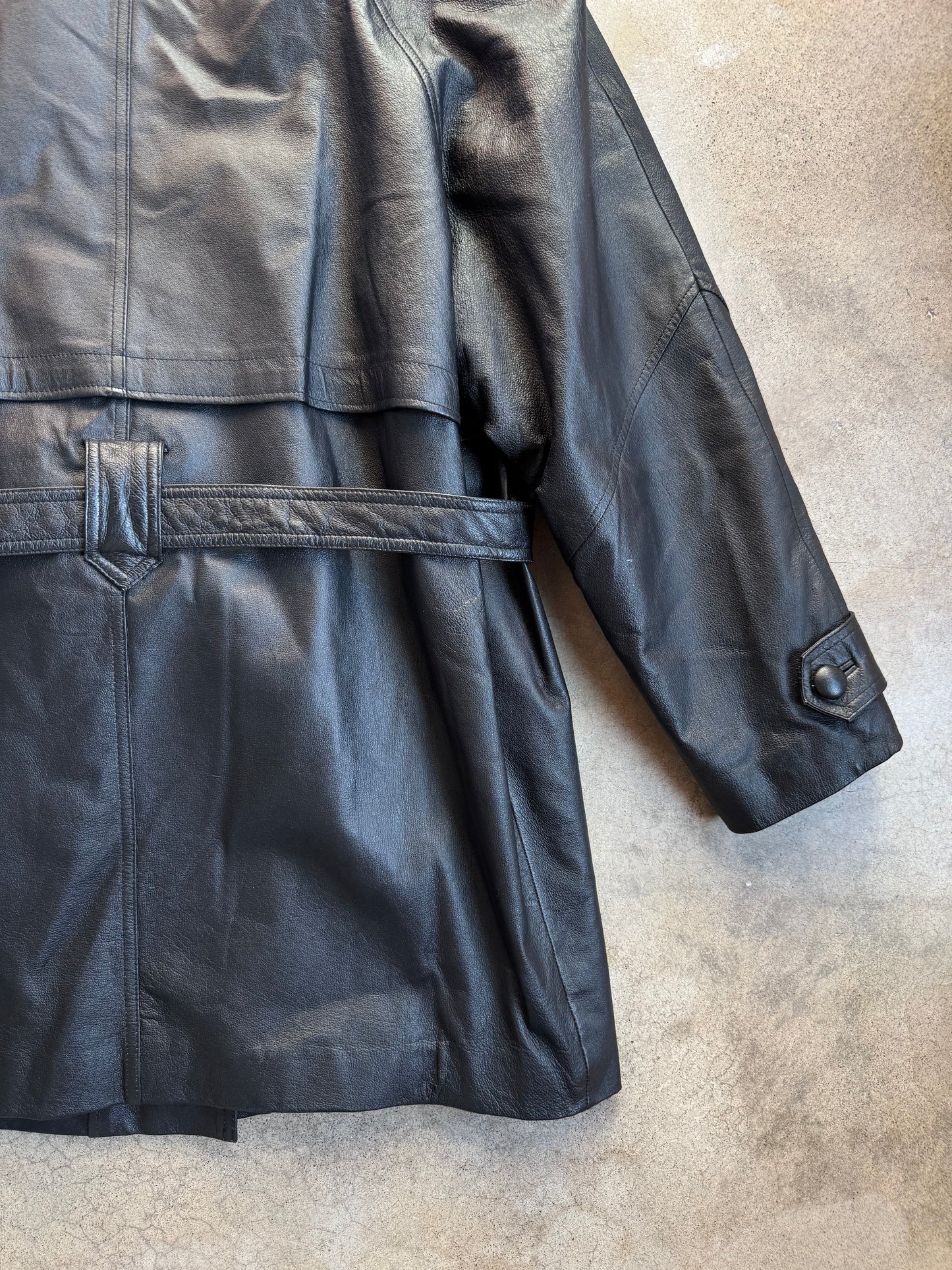 Vintage 1980s Middlebrook Park Black Leather Belted Coat | Large