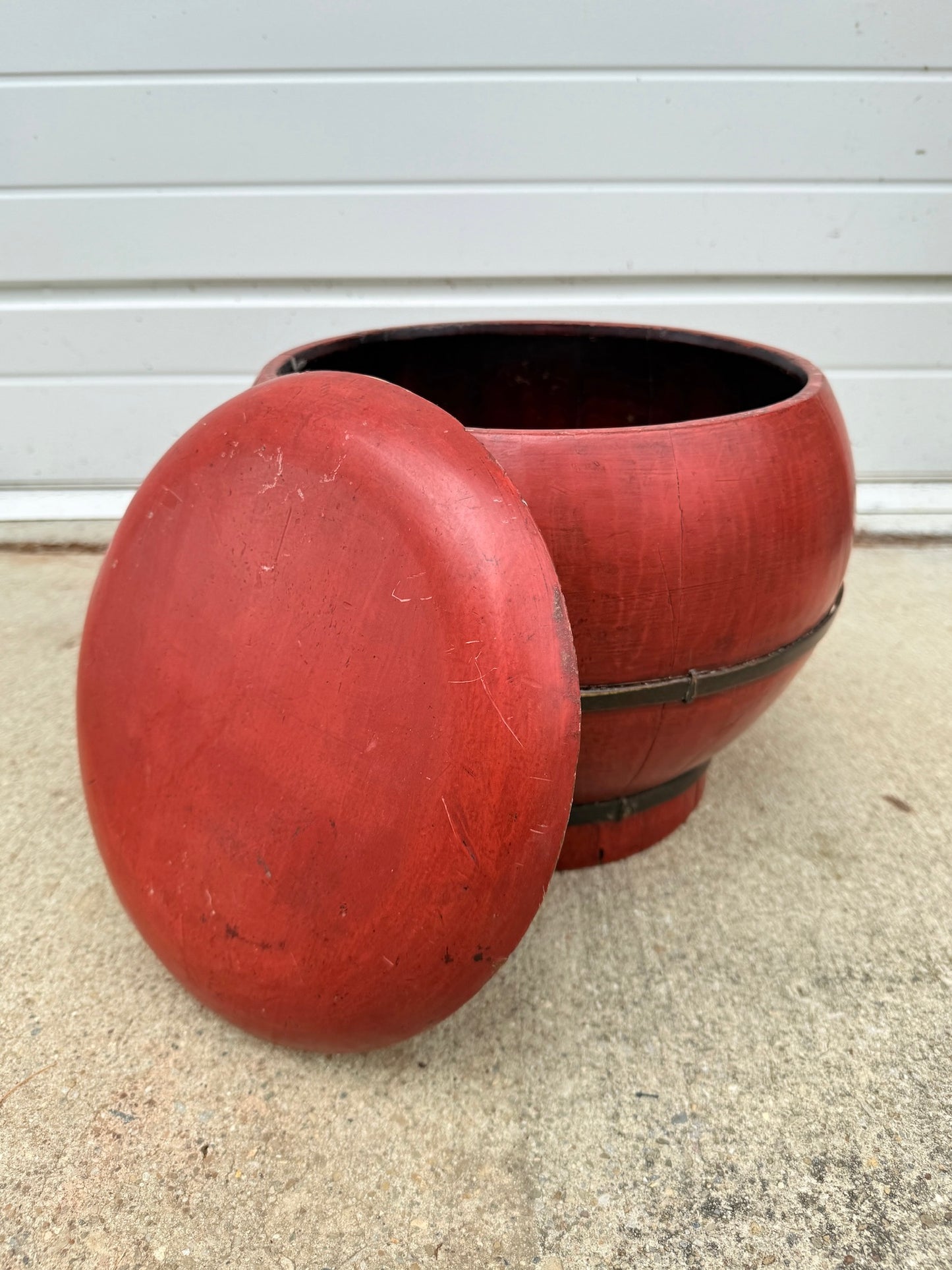 Antique Chinese Red Laquered Wood Rice Box