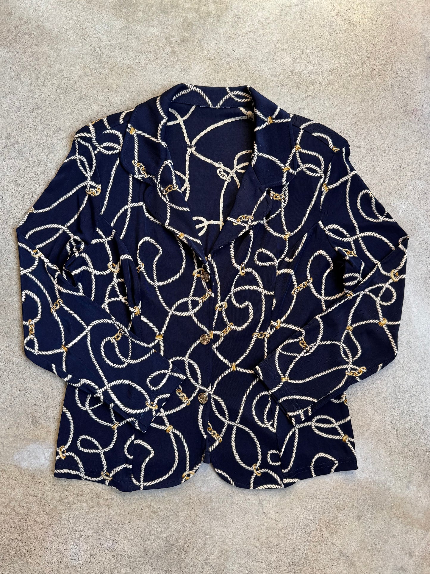 Vintage 1980s Navy Blue Nautical Rope Print Slinky Blouse | Medium