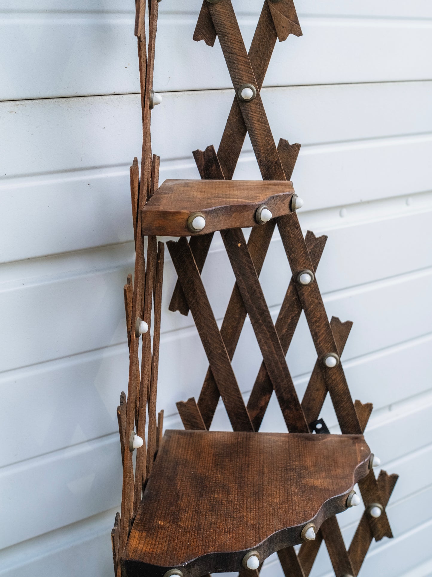 Antique Victorian Tramp Art Lattice 3-Tier Corner Shelf