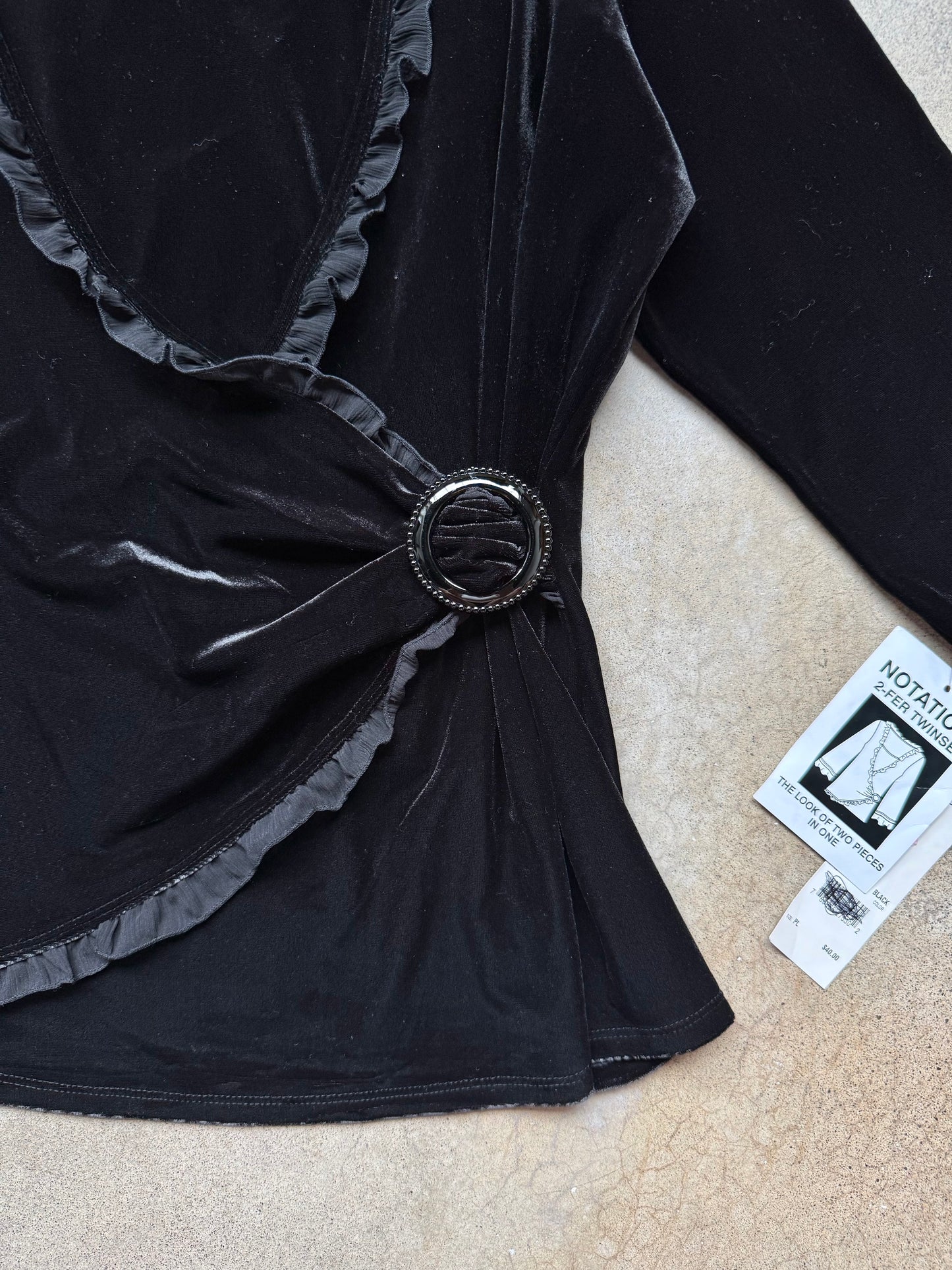 Vintage 1990s Notations Black Velvet Frilled Trim Wrap Blouse | Large
