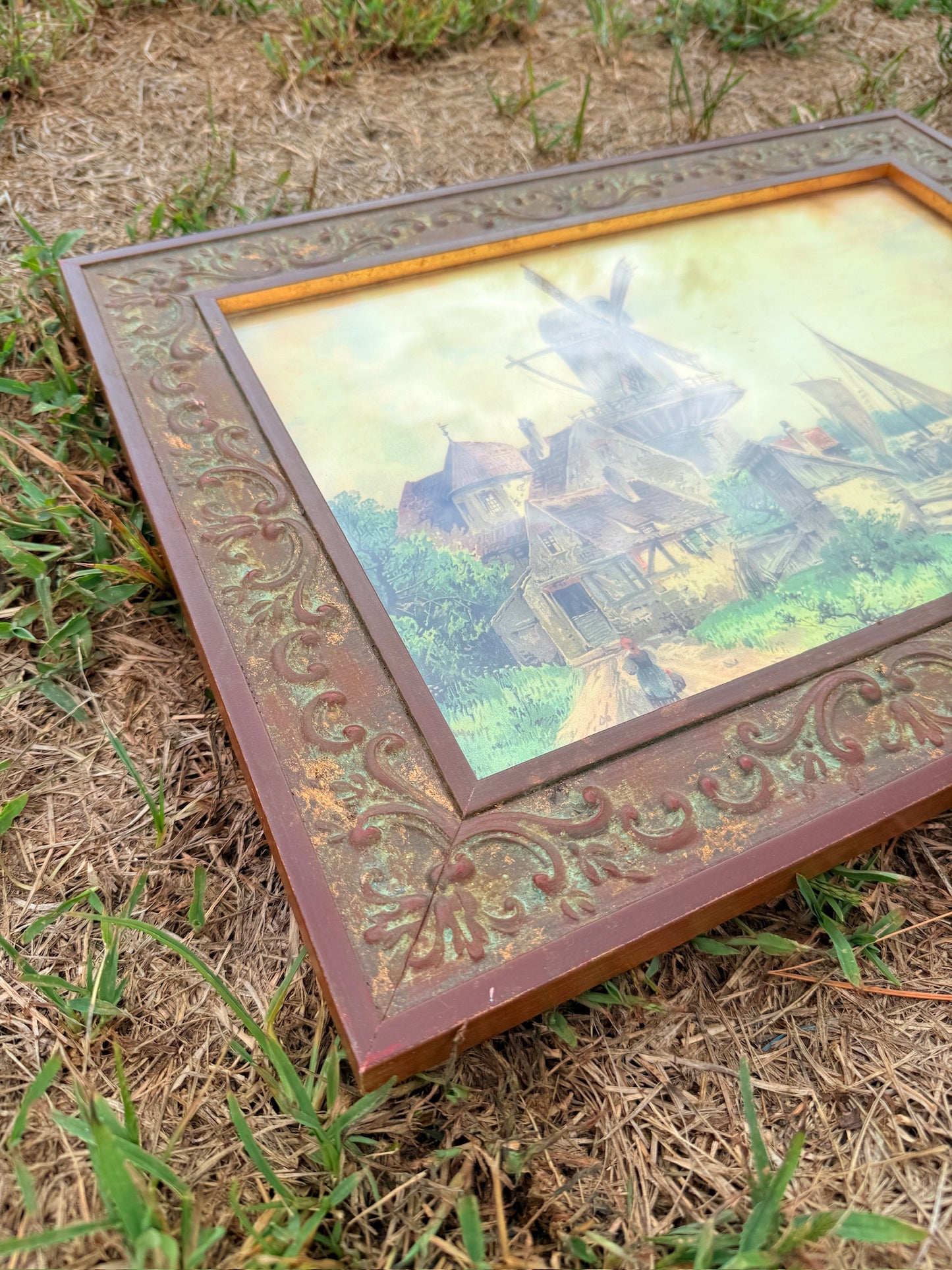 Vintage 1950s Framed Dutch Windmill Landscape Print Art
