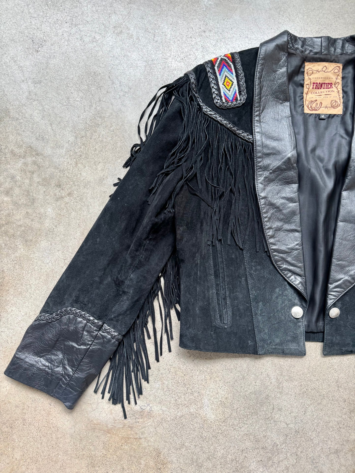 Vintage 1980s Frontier Collection Black Suede Leather Beaded Fringe Western Jacket | Medium