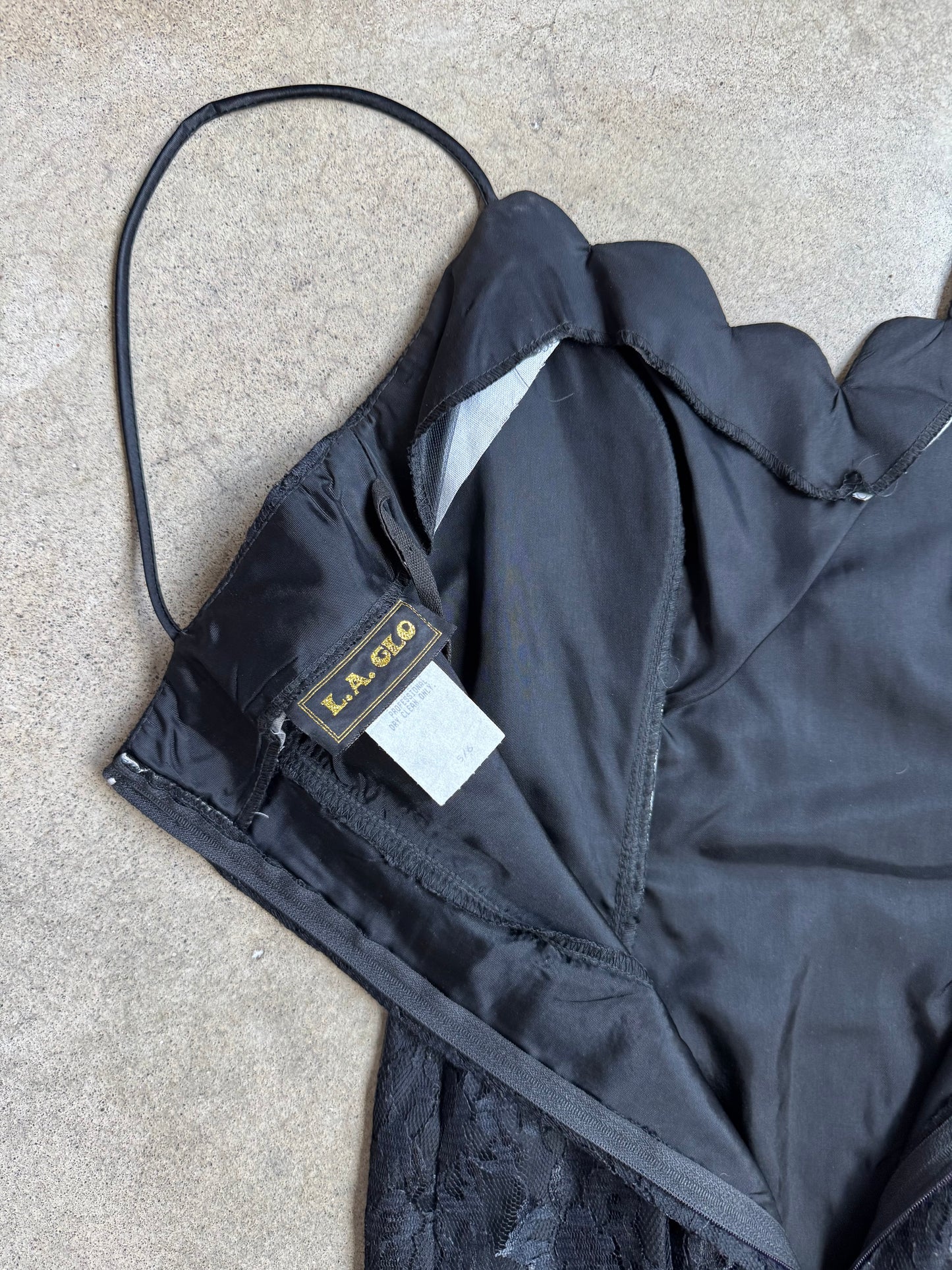 Vintage 1980s L.A. Glo Black Lace High-Slit Formal Dress | XS