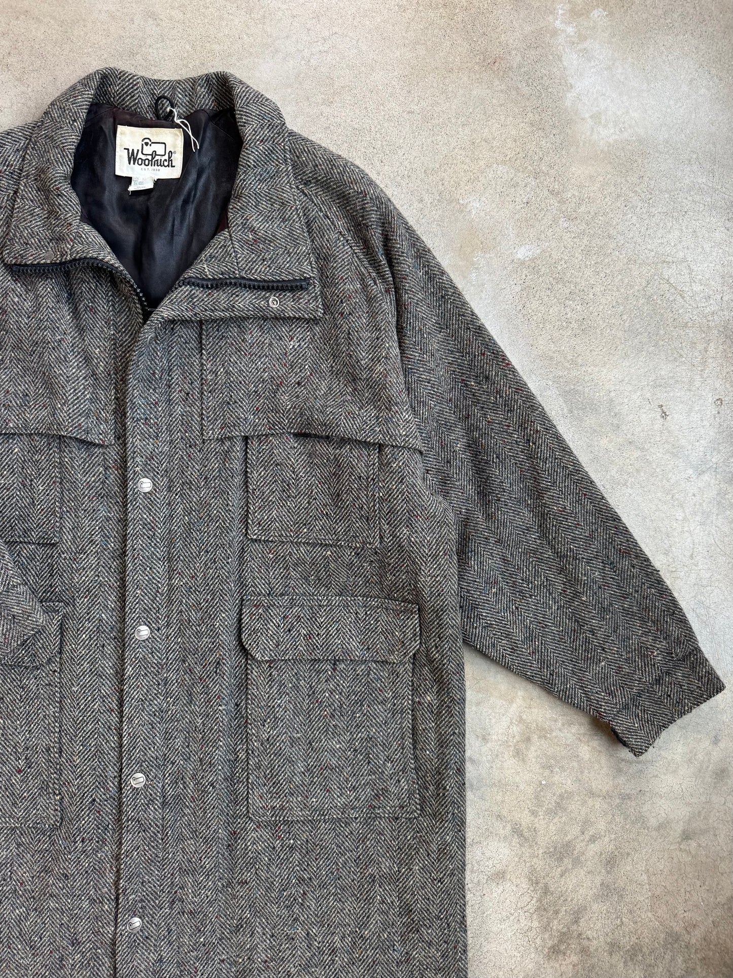 Vintage 1980s Woolrich Grey Speckled Tweed Mackinaw Jacket | XL