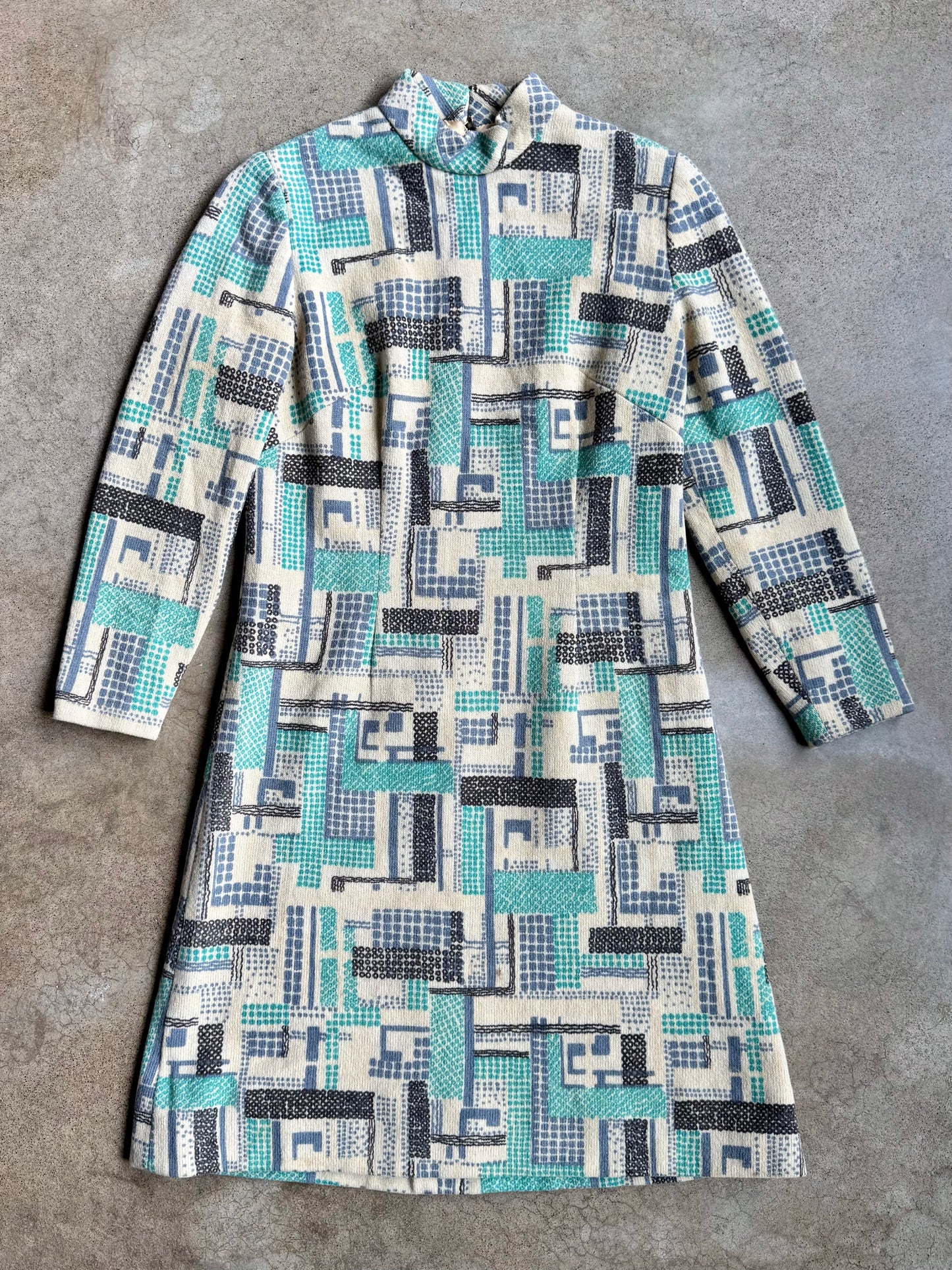 Vintage 1960s Mod Geometric Pattern High-Neck Long Sleeve Wool Dress | Medium