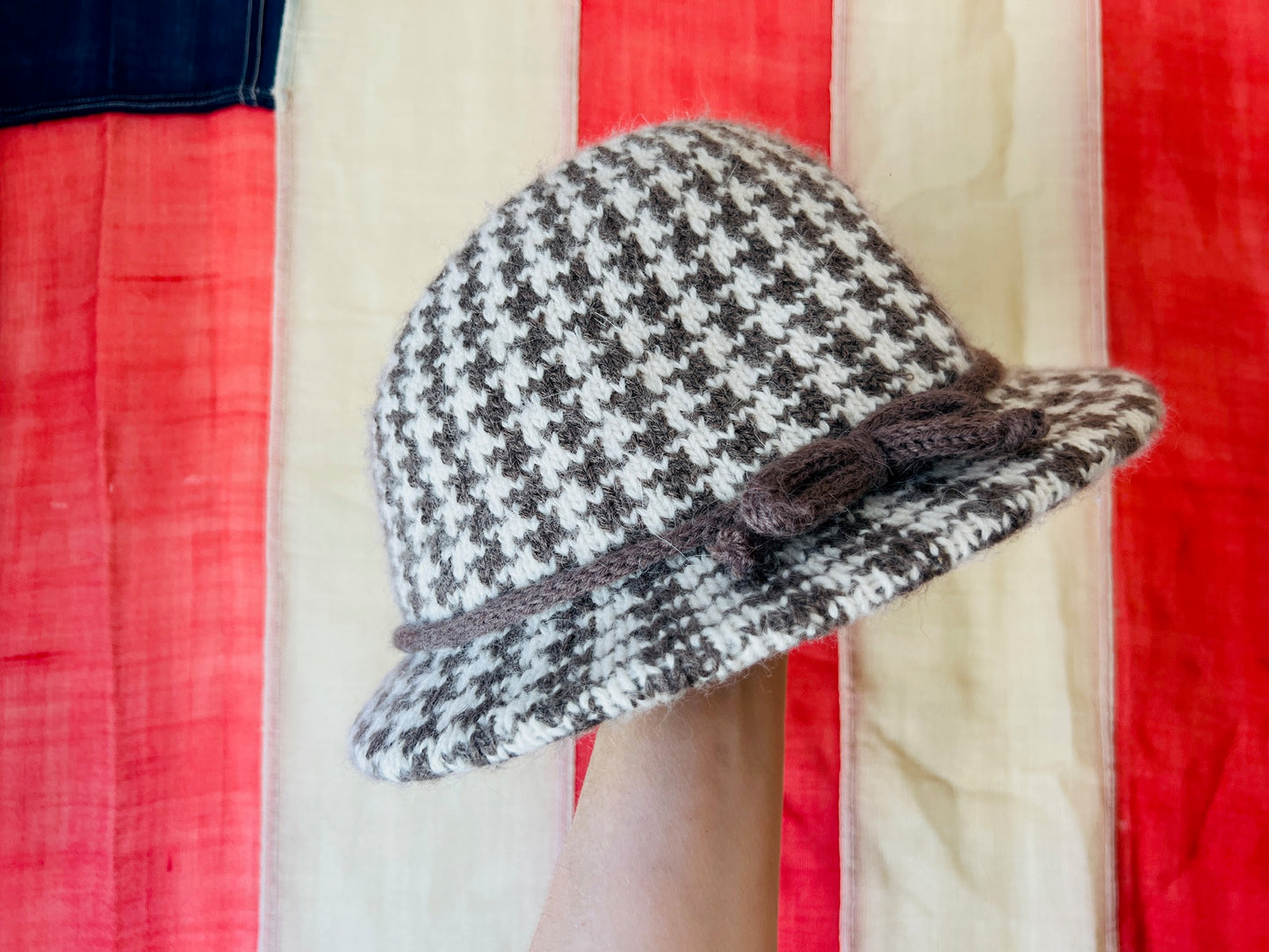 Vintage Neutral Houndstooth Wool Blend Knit Hat