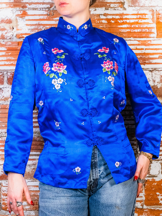 Vintage 1960s Red Clouds Hand-Embroidered Floral Silk-Blend Chinese Tang Jacket | 40